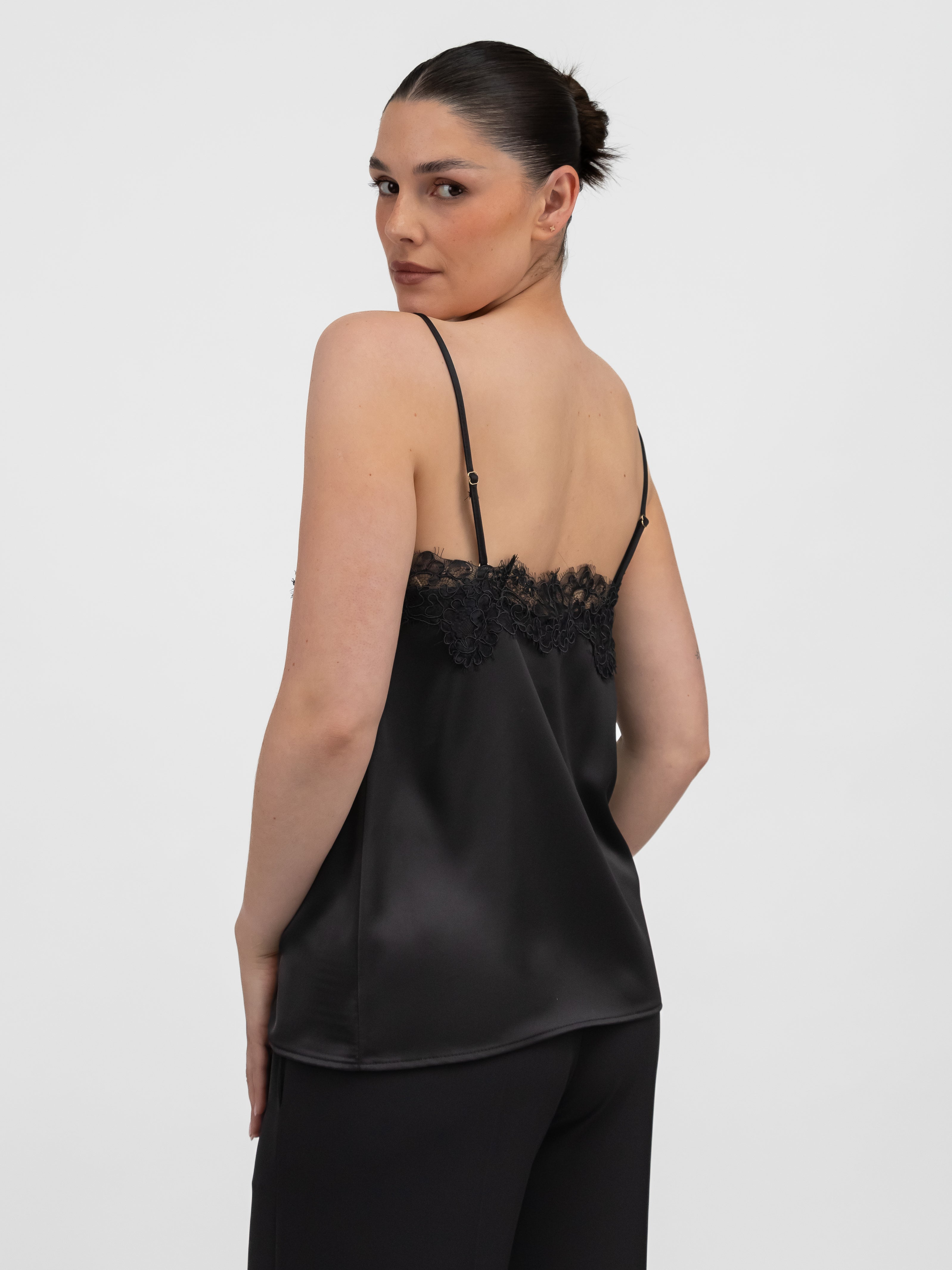 Italian Collection Top Lace Trim Camisole Top in Black