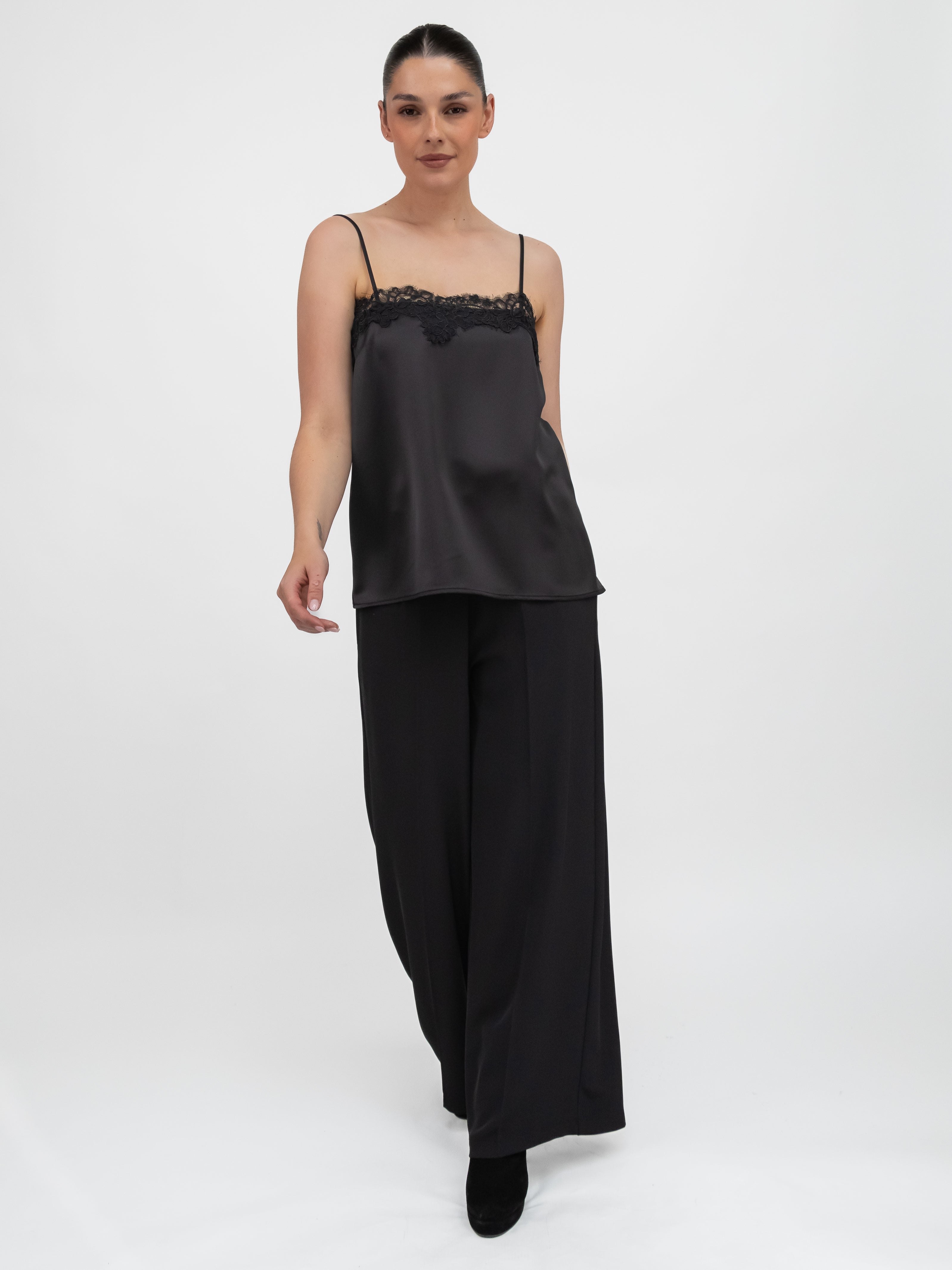 Italian Collection Top Lace Trim Camisole Top in Black