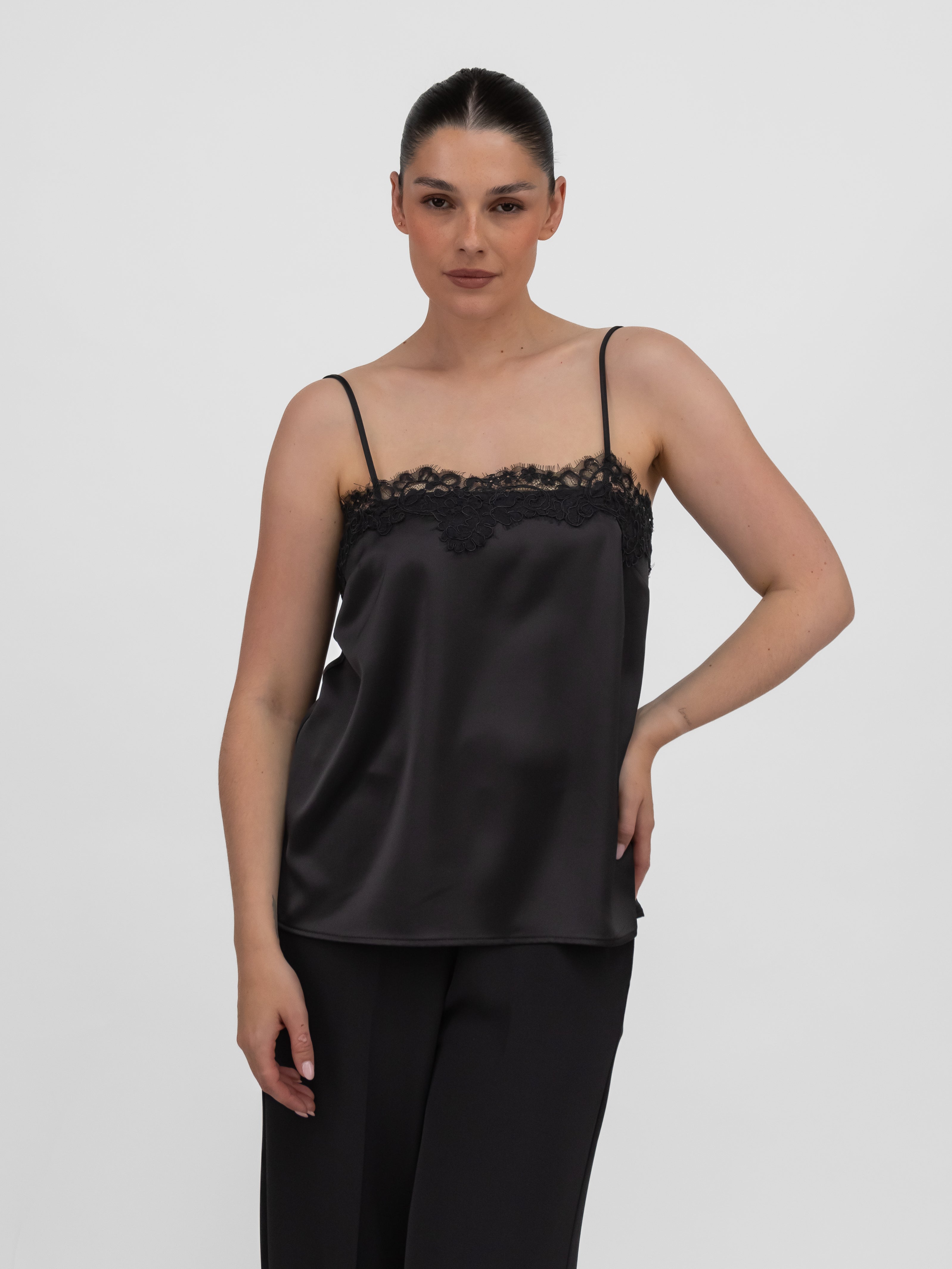 Italian Collection Top Lace Trim Camisole Top in Black