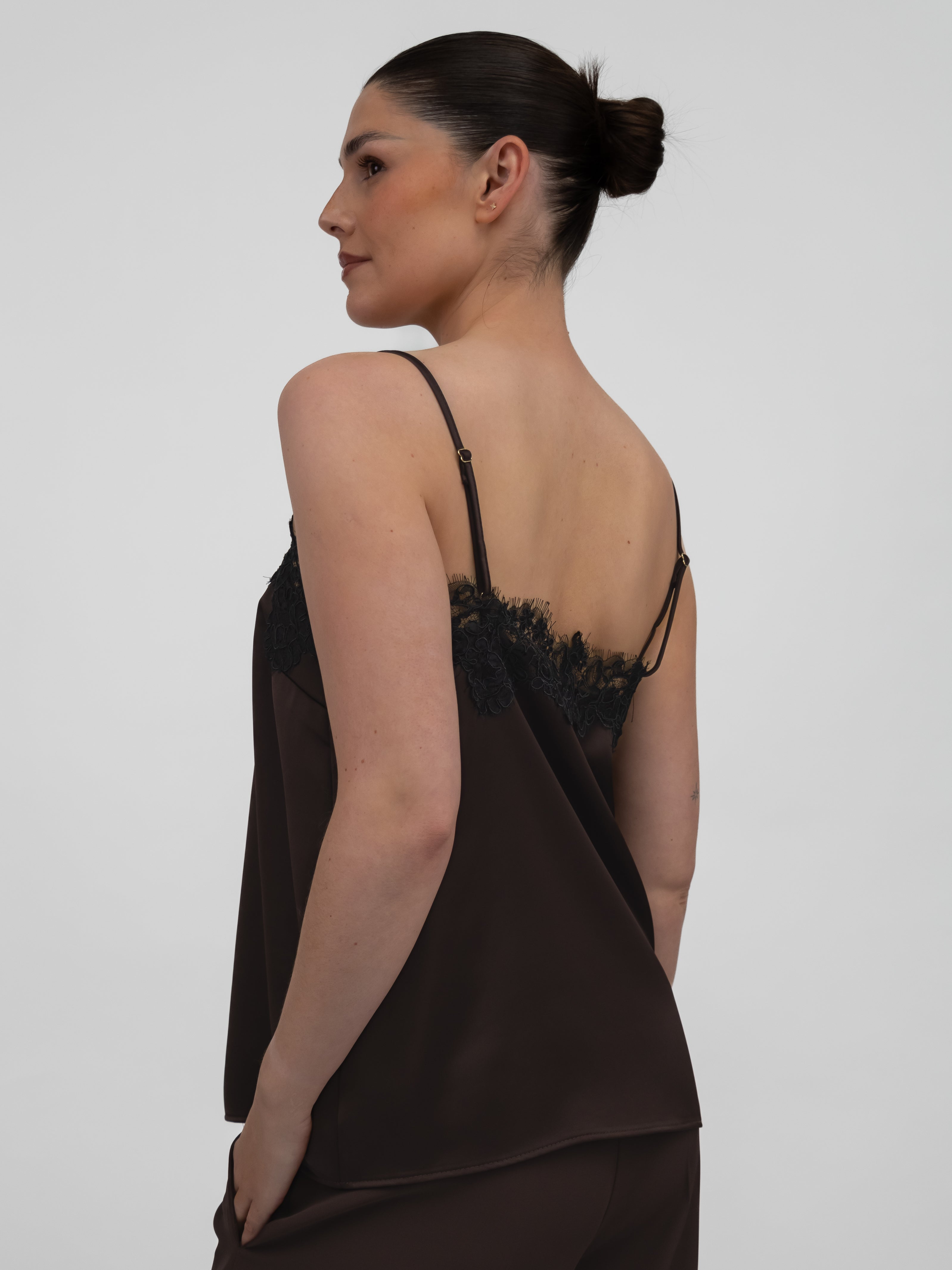 Italian Collection Top Lace Trim Camisole Top in Chocolate Brown