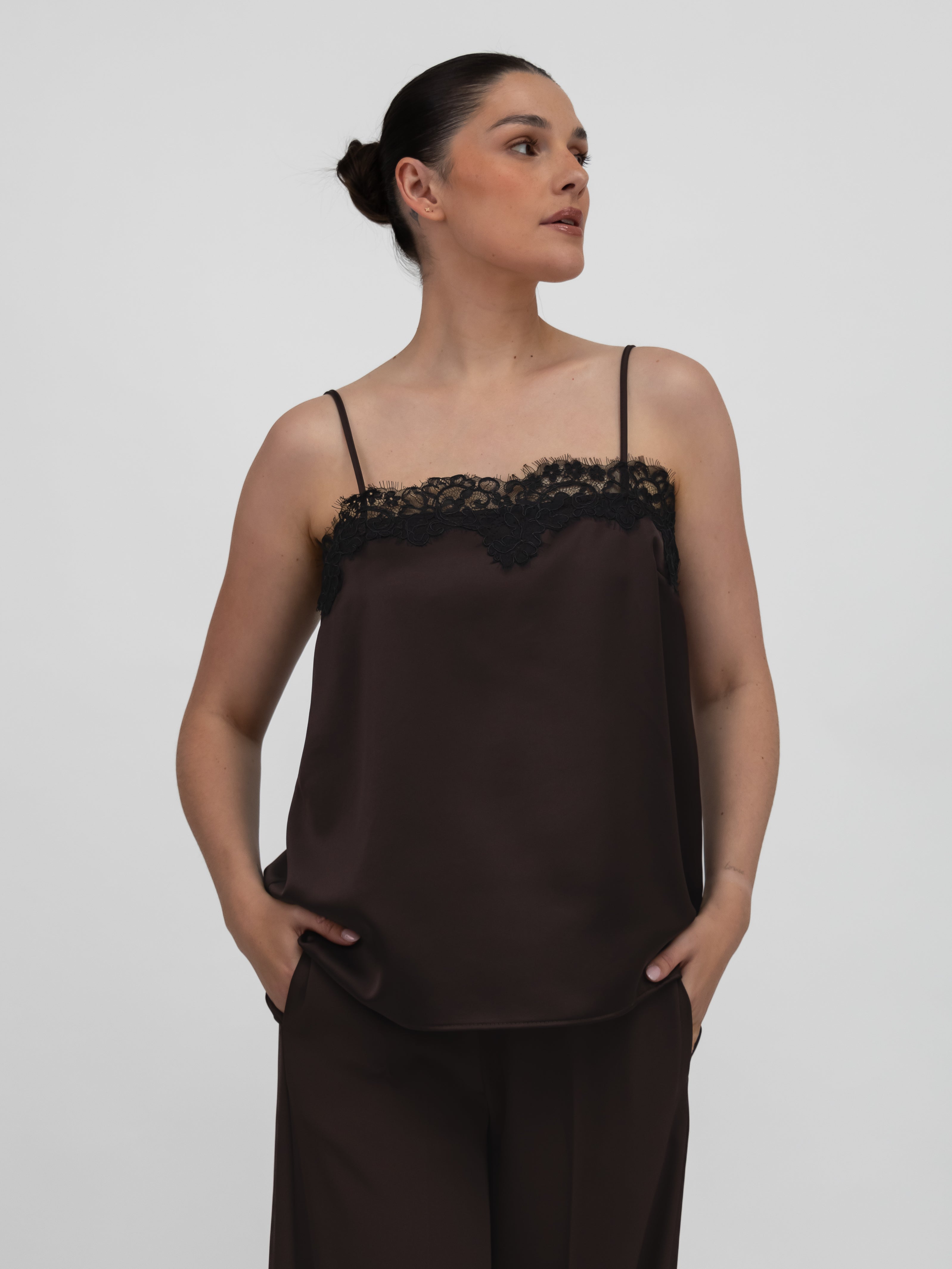 Italian Collection Top Lace Trim Camisole Top in Chocolate Brown