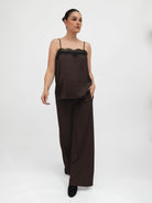 Italian Collection Top Lace Trim Camisole Top in Chocolate Brown