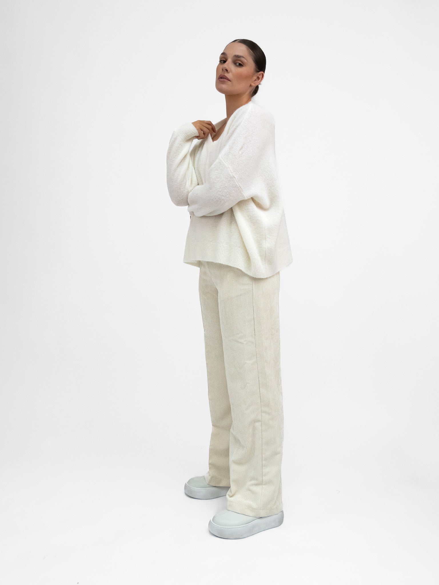 Italian Collection Trousers Straight Leg Corduroy Trousers in Soft Ivory