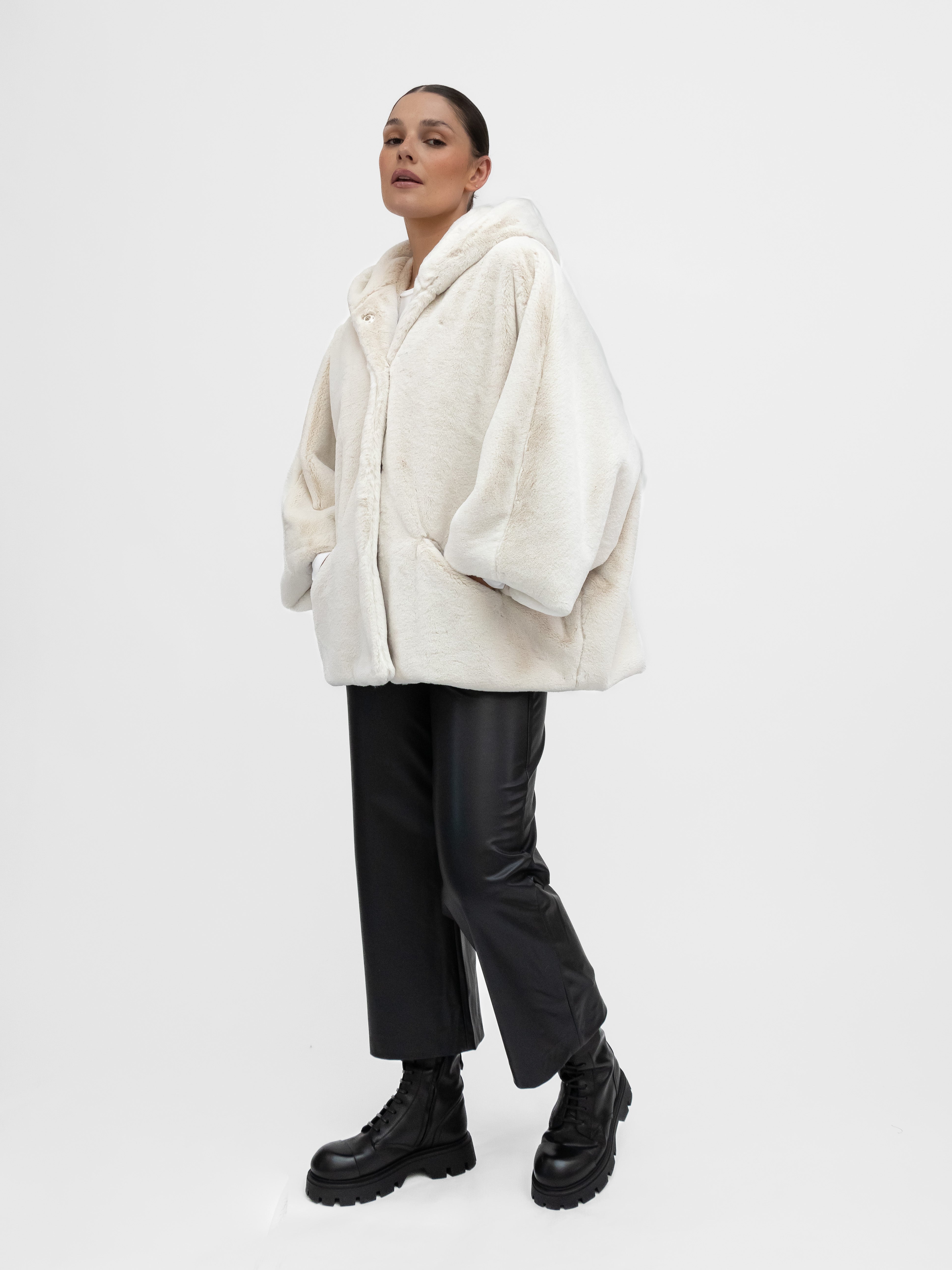 La Haine Inside Us Jacket One Size Faux Fur Cape Sleeve Oversize Hoodie in Cream