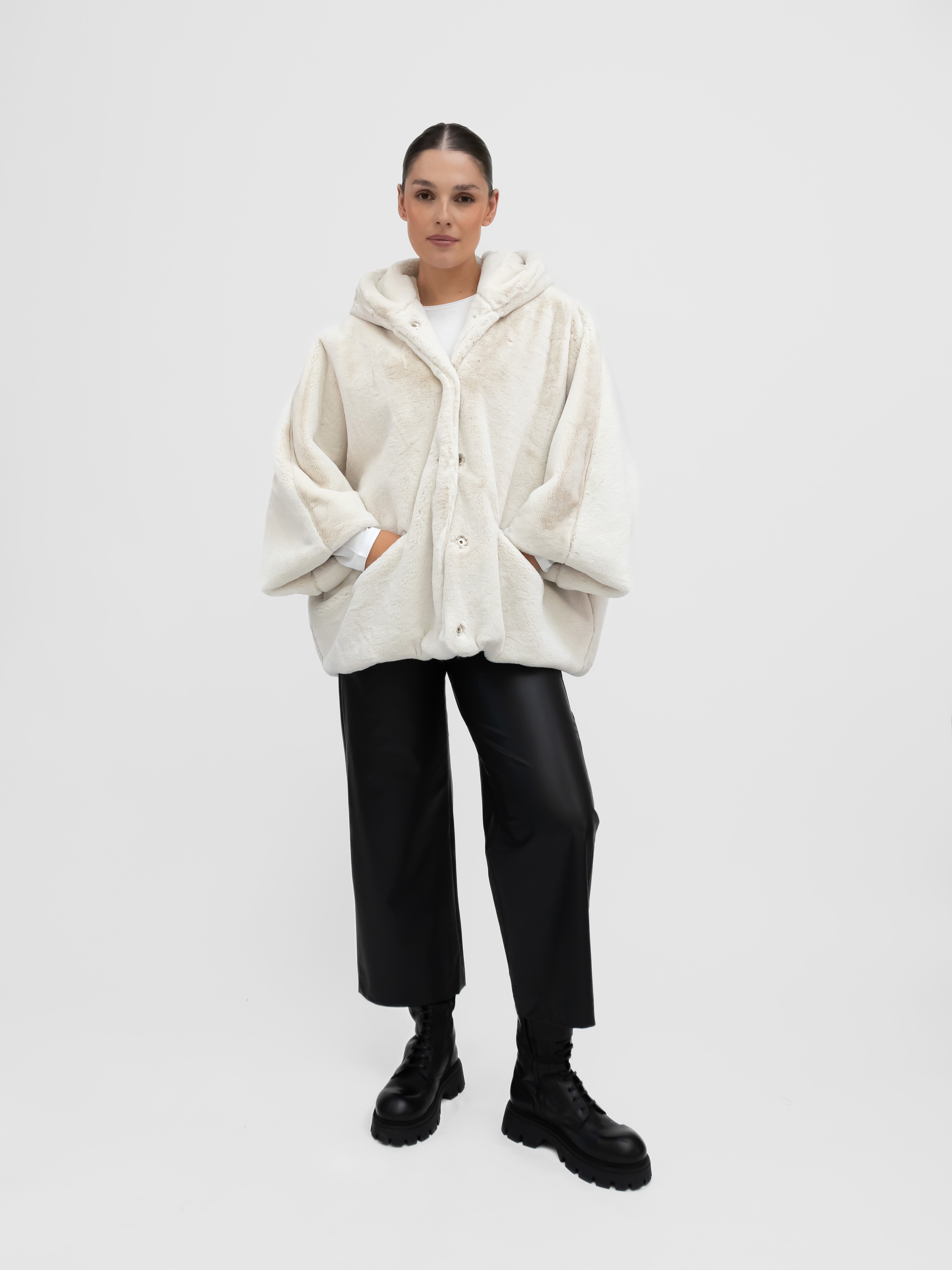 La Haine Inside Us Jacket One Size Faux Fur Cape Sleeve Oversize Hoodie in Cream