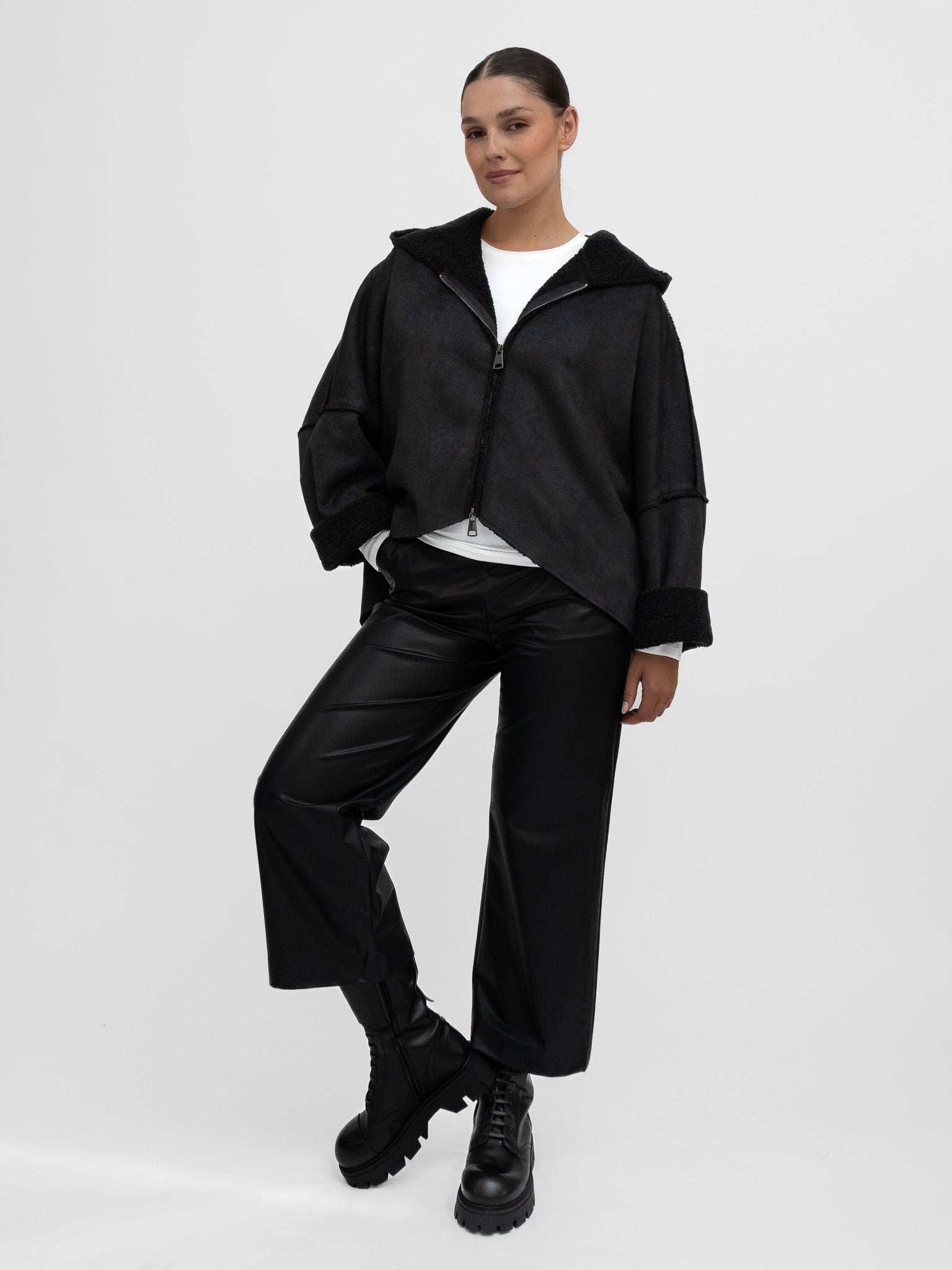 La Haine Inside Us Jacket One Size Oversize Faux Sheepskin Hoodie in Black