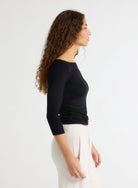 Majestic Filatures T-Shirt Adele Boat Neck 3/4 Sleeve Tee in Black
