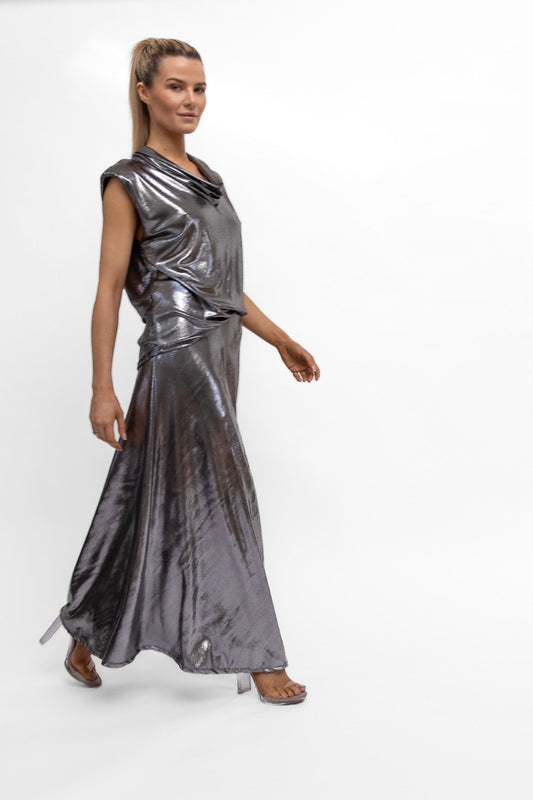 Natacha Metallic Bias Cut long Skirt in Gunmetal