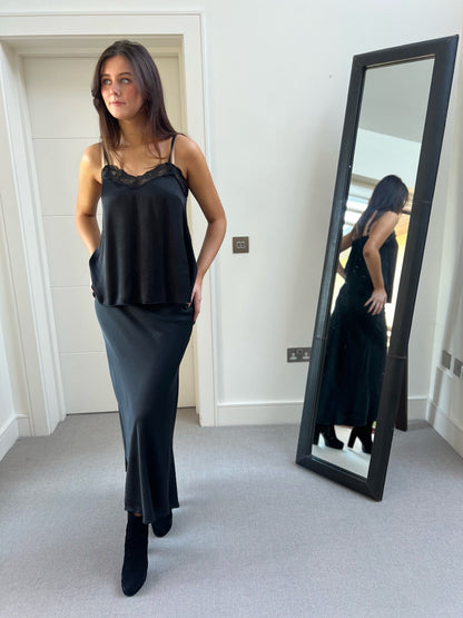 Natacha Satin Bias Cut Long Length Skirt in Black