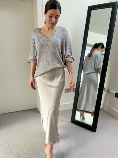 Natacha Satin Bias Cut long Skirt in Oyster