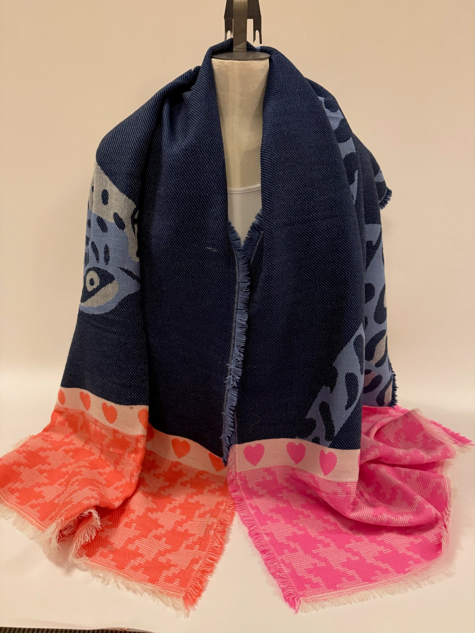 Ombré London Scarf One Size Classic french navy, with orange & Pink Check 
Fringe trim
