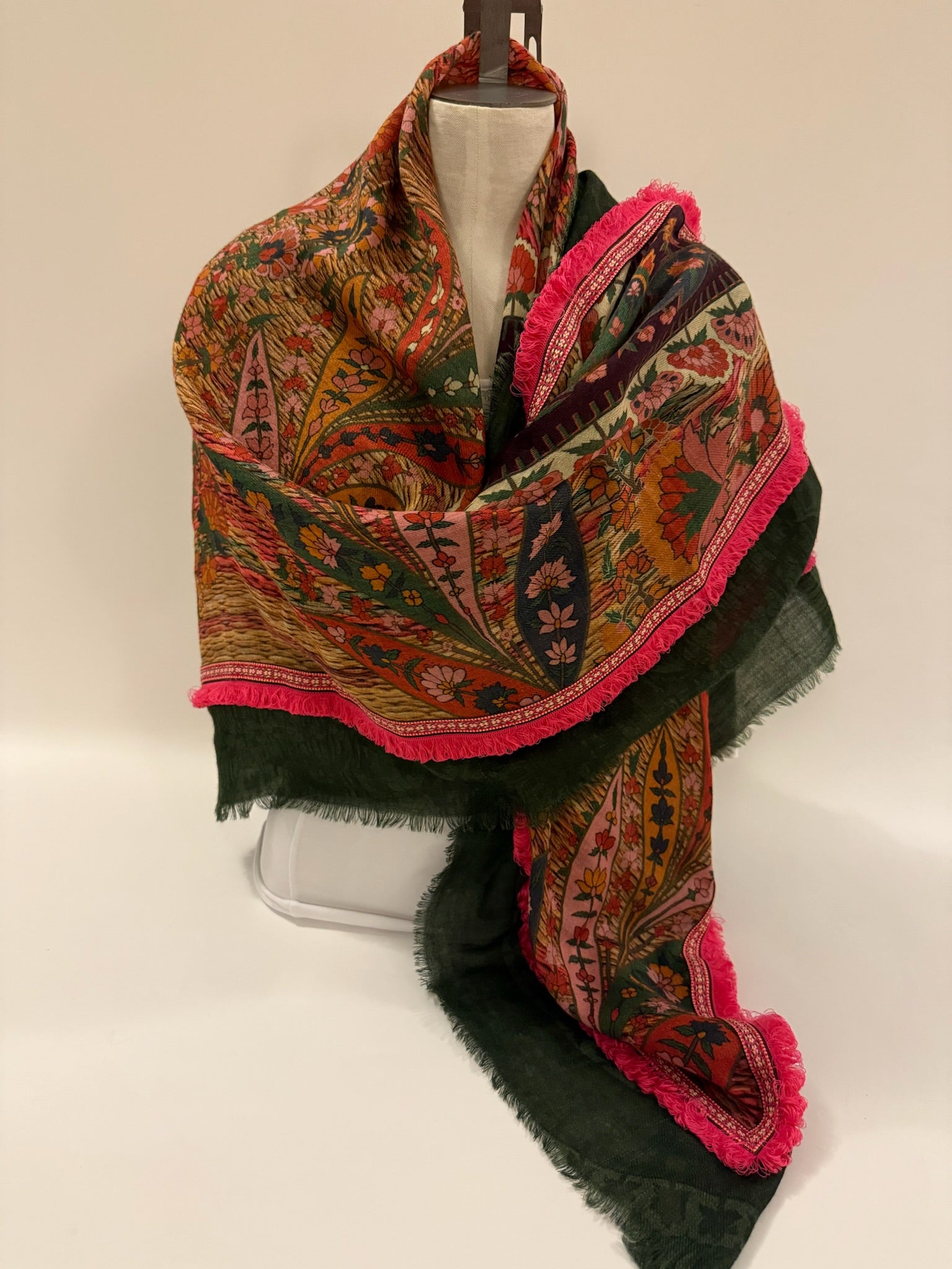 Ombré London Scarf One Size Ethnic Square Scarf in Forest greens, Bordeaux with neon pink & fringe boarder