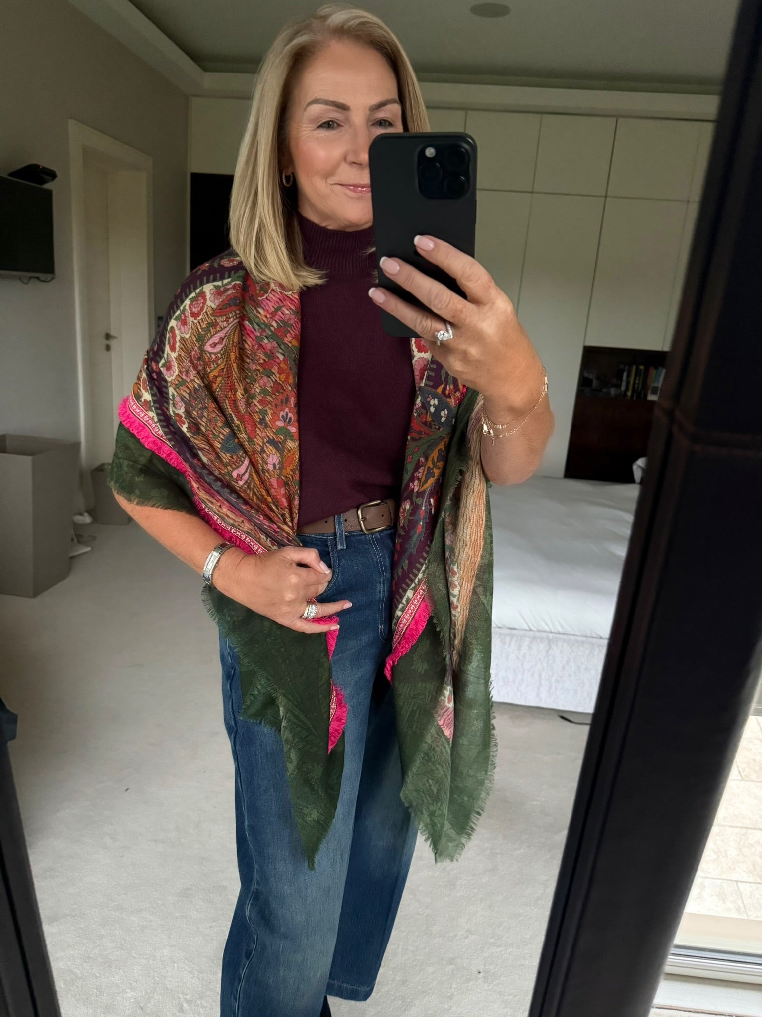 Ombré London Scarf One Size Ethnic Square Scarf in Forest greens, Bordeaux with neon pink & fringe boarder