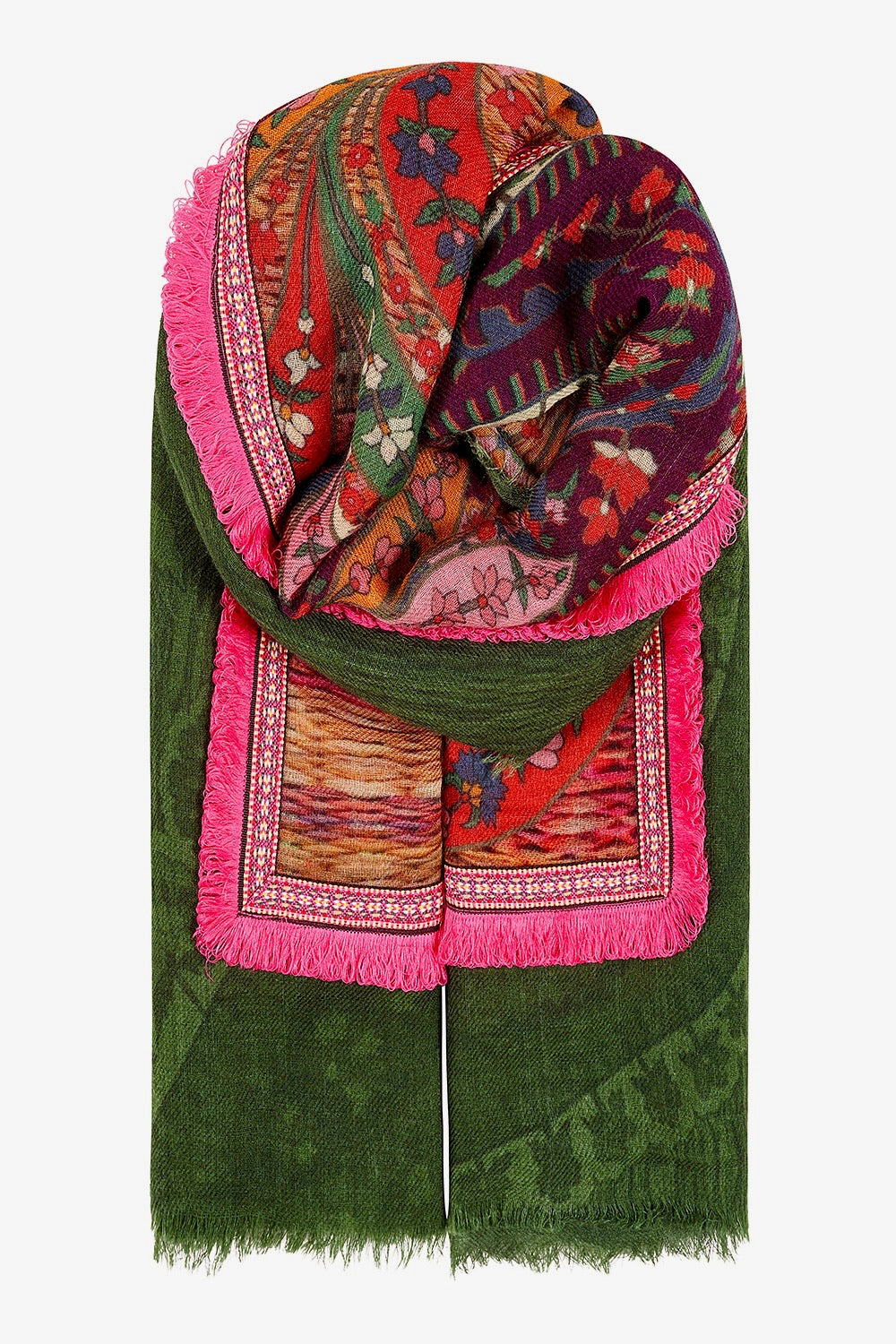 Ombré London Scarf One Size Ethnic Square Scarf in Forest Greens & Floral