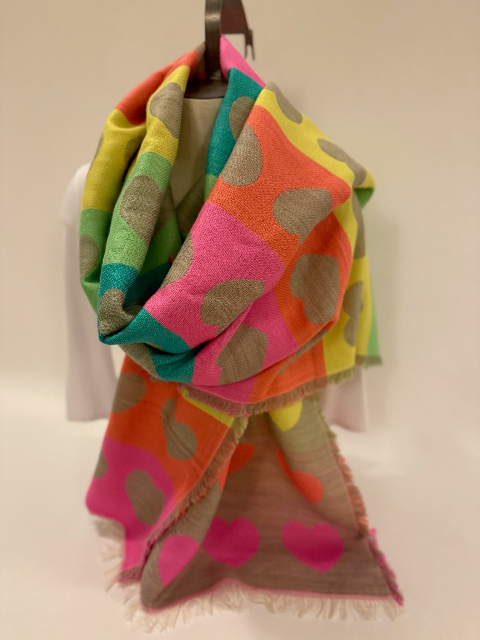 Ombré London Scarf One Size Multicoloured Hearts 💕on stone / beige background with Fringe
