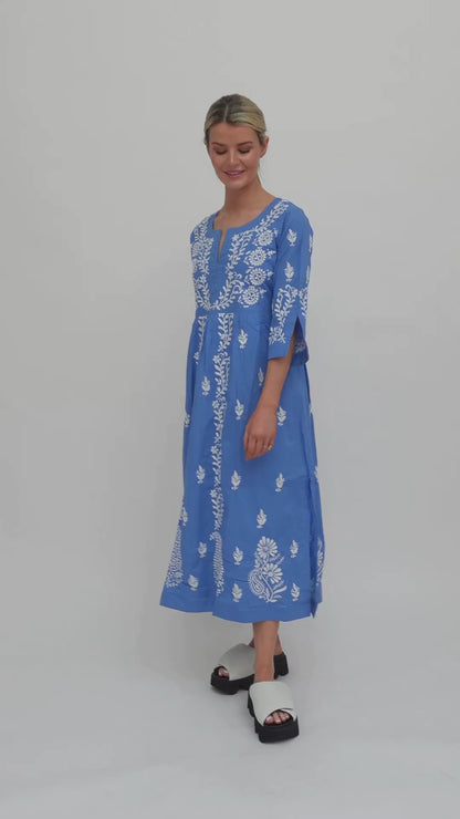 Jumairah Cotton Dress In Sky Blue With Embroidery