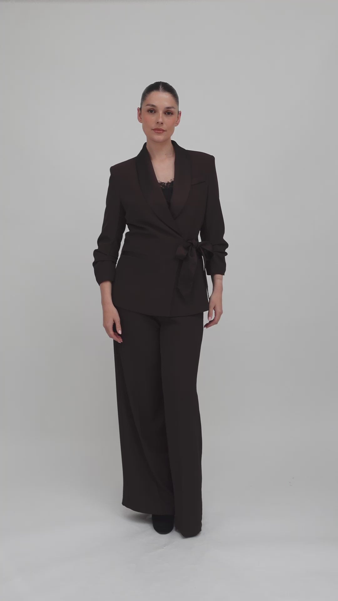 【Nalm.】ribbon-tailored jacket / brown Jacket with ribbon tie and satin-effect lapel in in Chocolate