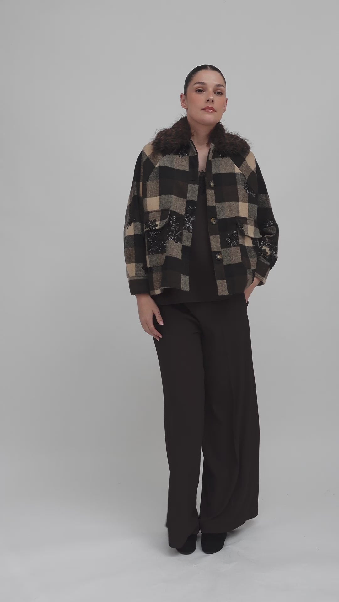 Cecile Check Jacket with Faux Fur Collar
