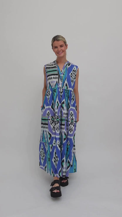 Geisha Maxi Dress In Ikat Blue Aqua Print