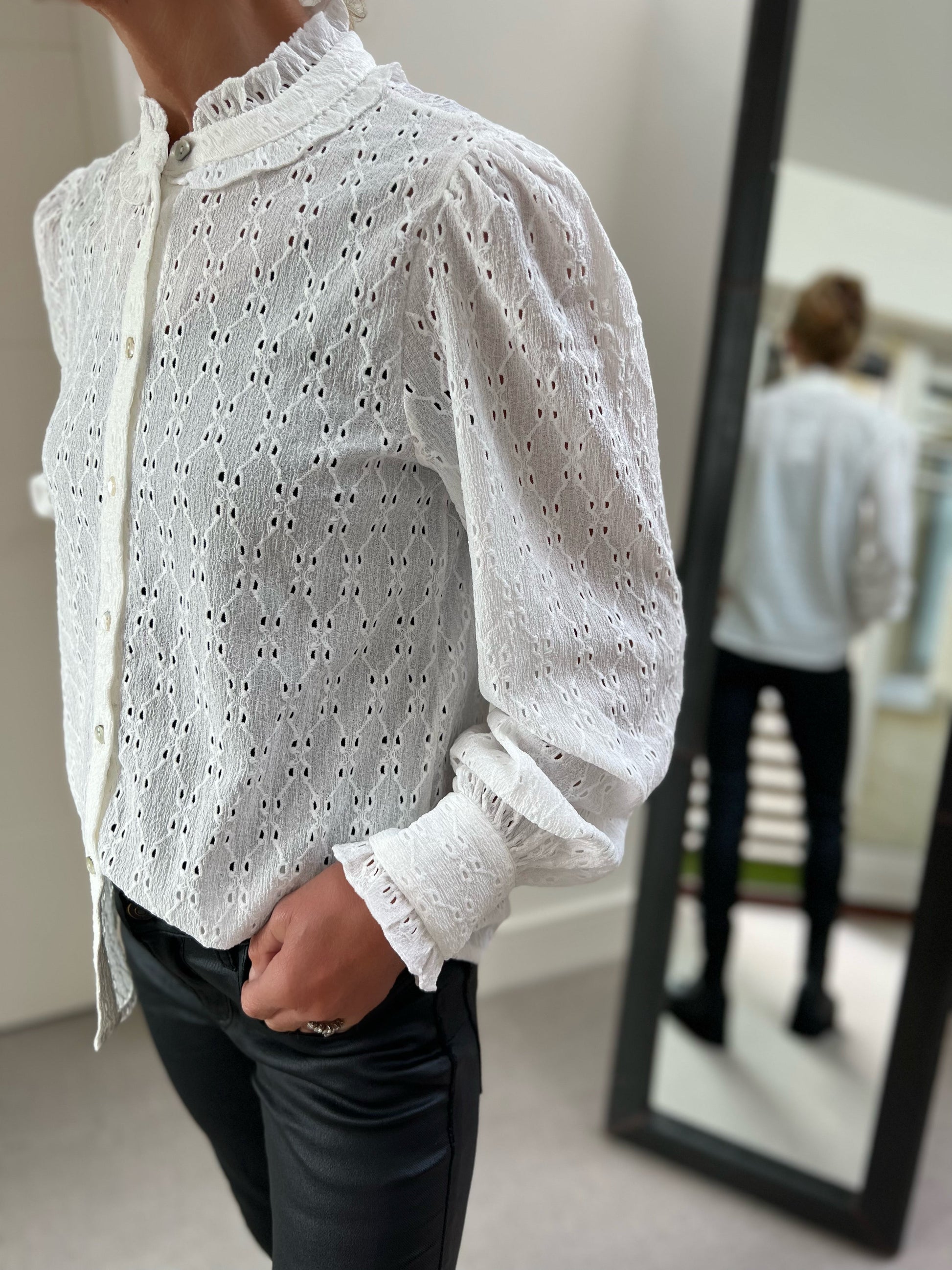 Sisters Point Shirt Sisters Point Eina Edwardian Style Button Top in Pearl White