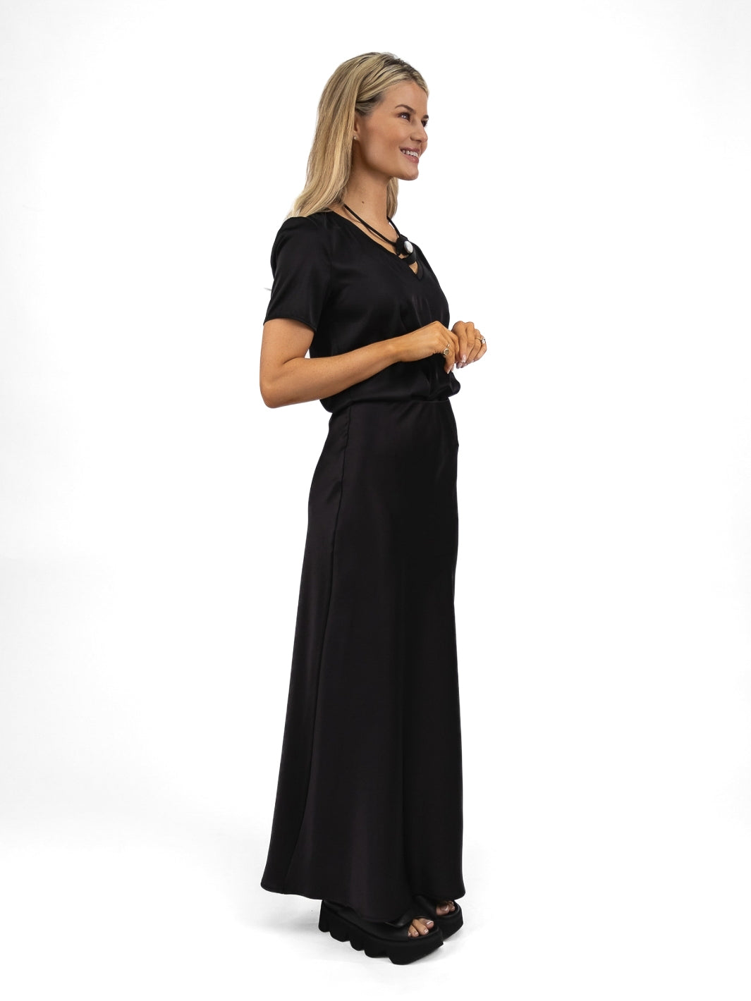 The Italian Collection Bias Cut Satin Skirt In Black From The Italian Collection