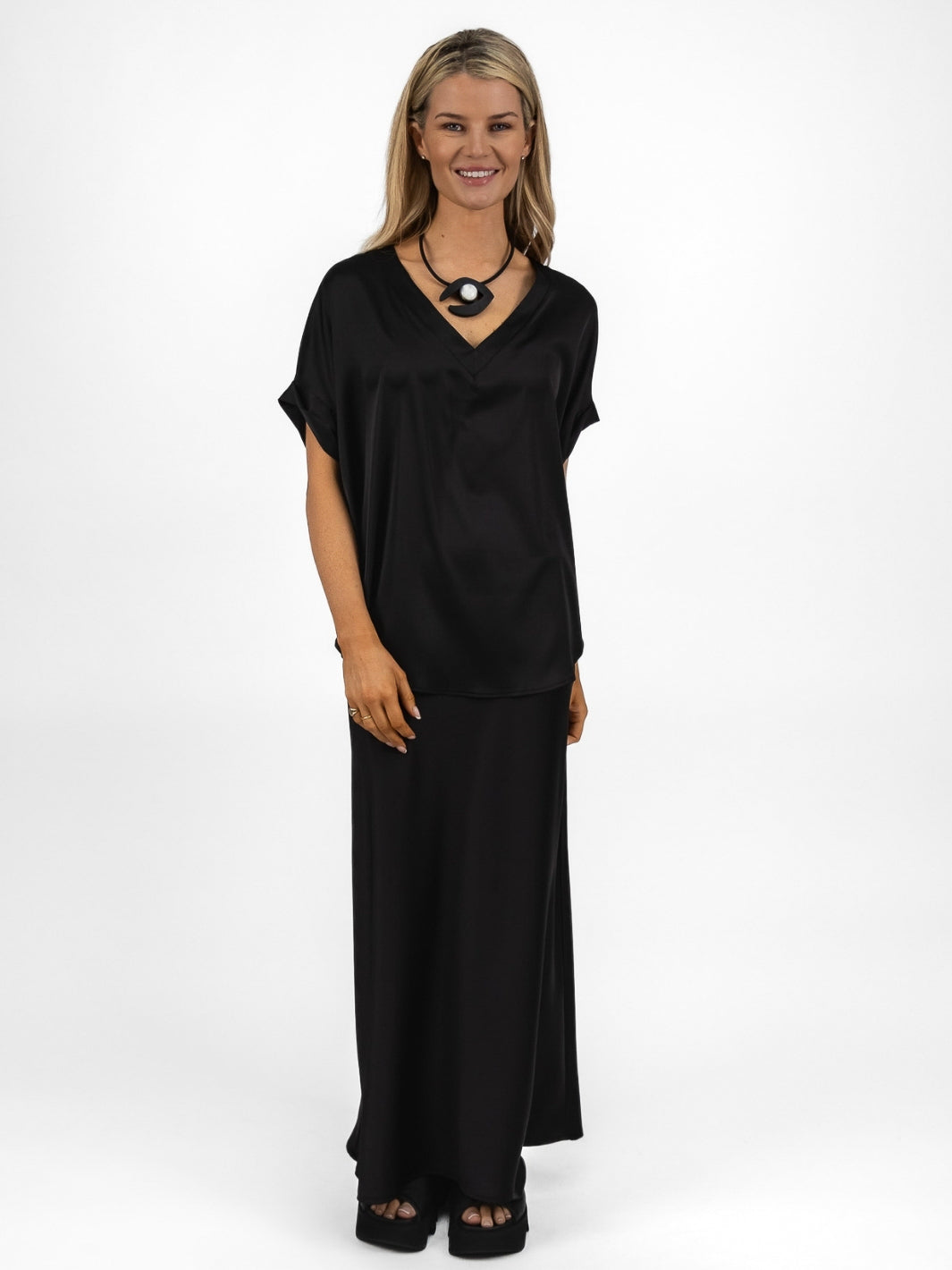 The Italian Collection Top Oversized V Neck Satin Top In Black From The Italian Collection