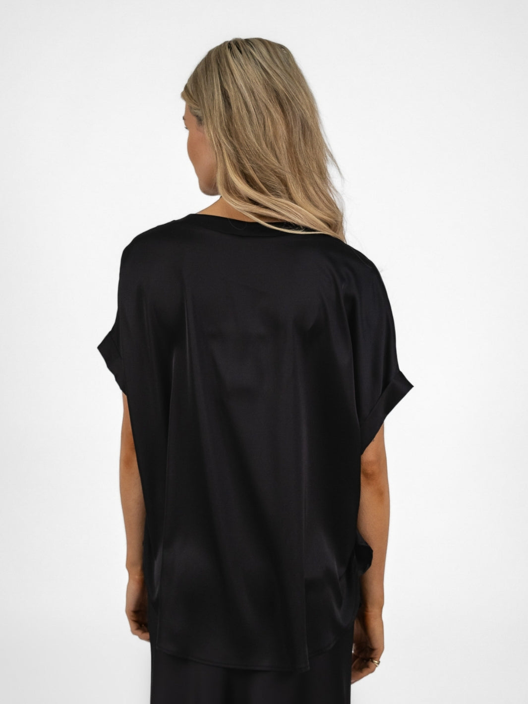 The Italian Collection Top Oversized V Neck Satin Top In Black From The Italian Collection