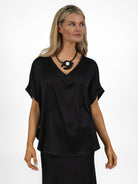 The Italian Collection Top Oversized V Neck Satin Top In Black From The Italian Collection