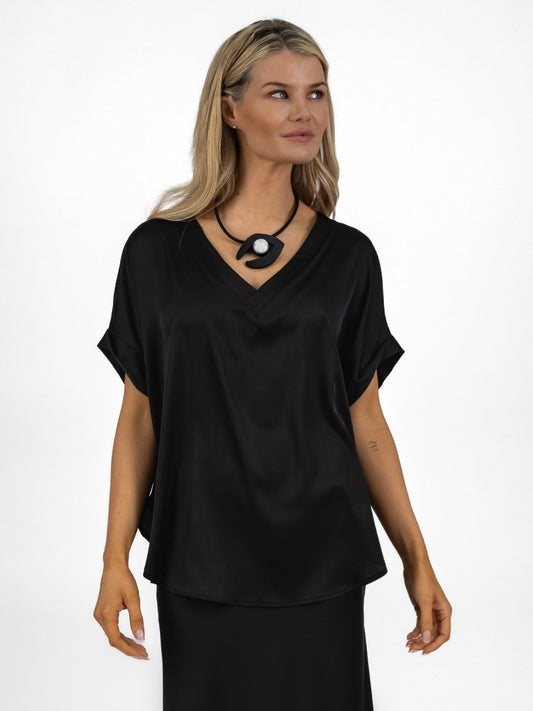 The Italian Collection Top Oversized V Neck Satin Top In Black From The Italian Collection