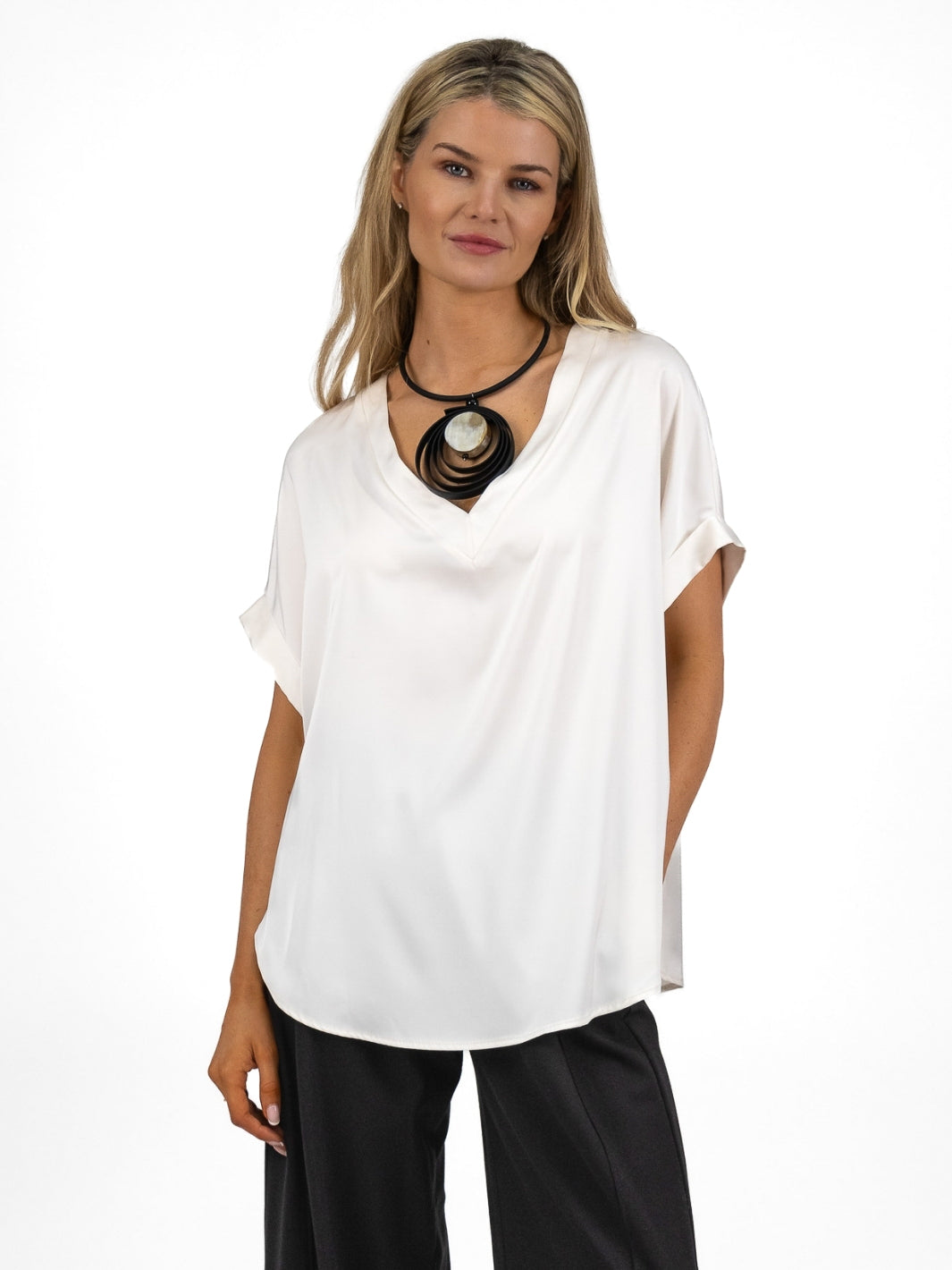 The Italian Collection Top Oversized V Neck Satin Top In Champagne From The Italian Collection