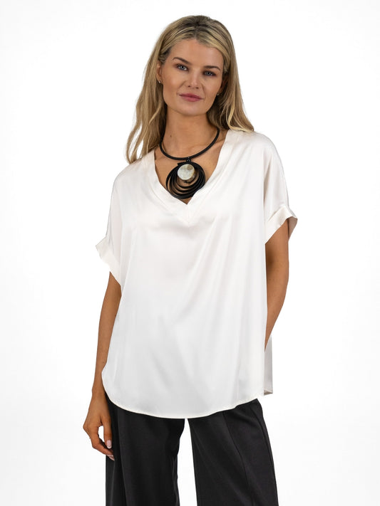 The Italian Collection Top Oversized V Neck Satin Top In Champagne From The Italian Collection