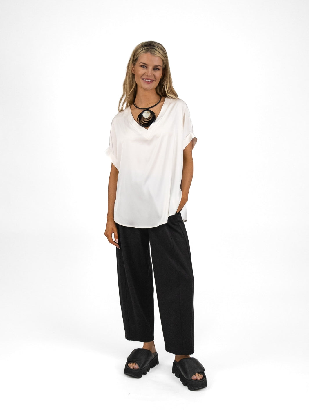 The Italian Collection Top Oversized V Neck Satin Top In Champagne From The Italian Collection