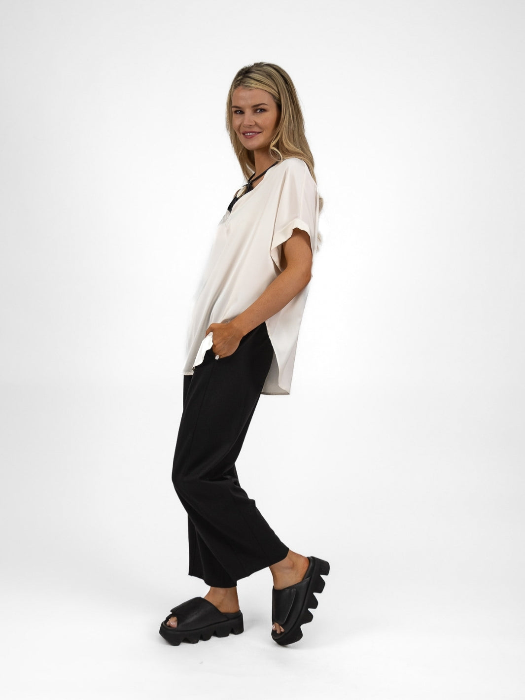 The Italian Collection Top Oversized V Neck Satin Top In Champagne From The Italian Collection