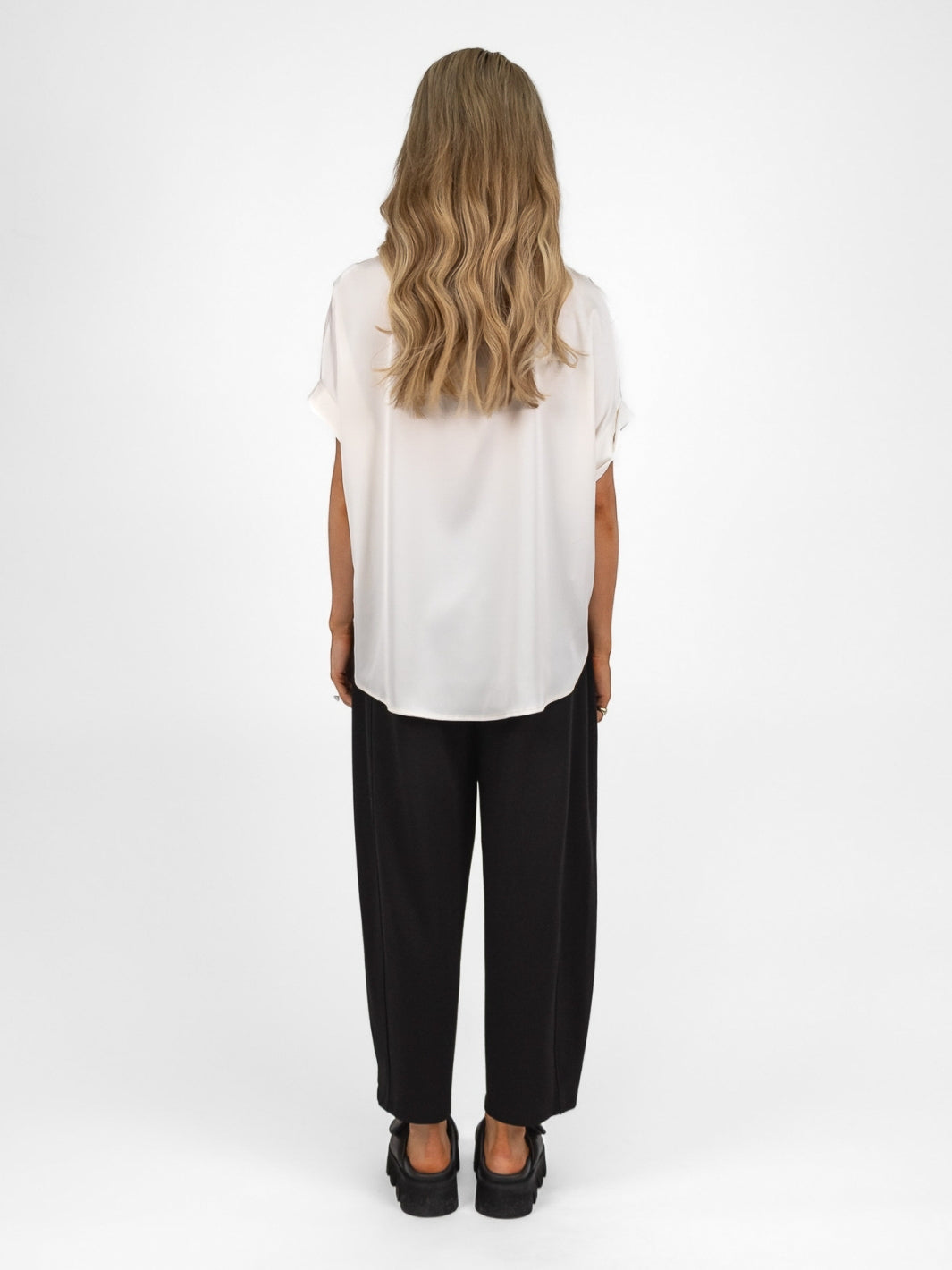 The Italian Collection Top Oversized V Neck Satin Top In Champagne From The Italian Collection
