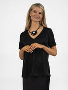 The Italian Collection Top V Neck Satin Tee In Black From The Italian Collection