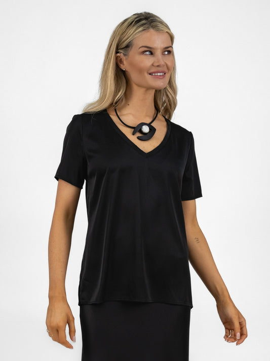 The Italian Collection Top V Neck Satin Tee In Black From The Italian Collection