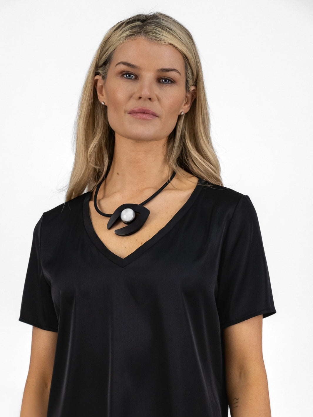 The Italian Collection Top V Neck Satin Tee In Black From The Italian Collection
