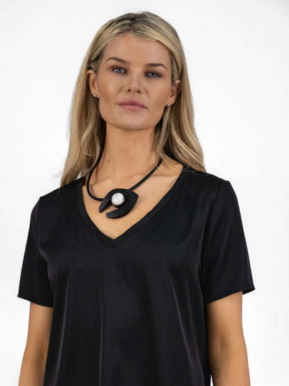 The Italian Collection Top V Neck Satin Tee In Black From The Italian Collection