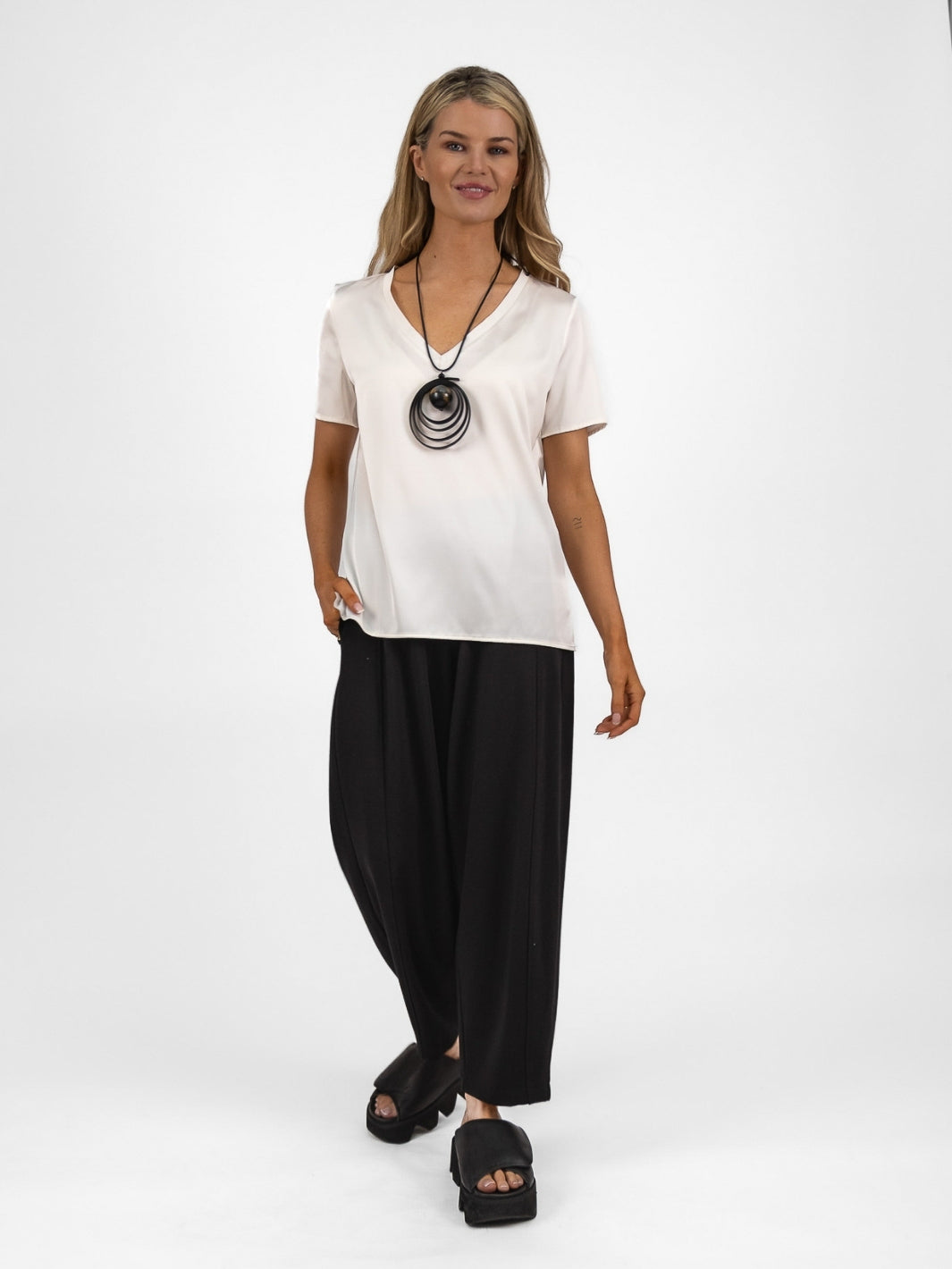 The Italian Collection Top V Neck Satin Tee In Champagne From The Italian Collection