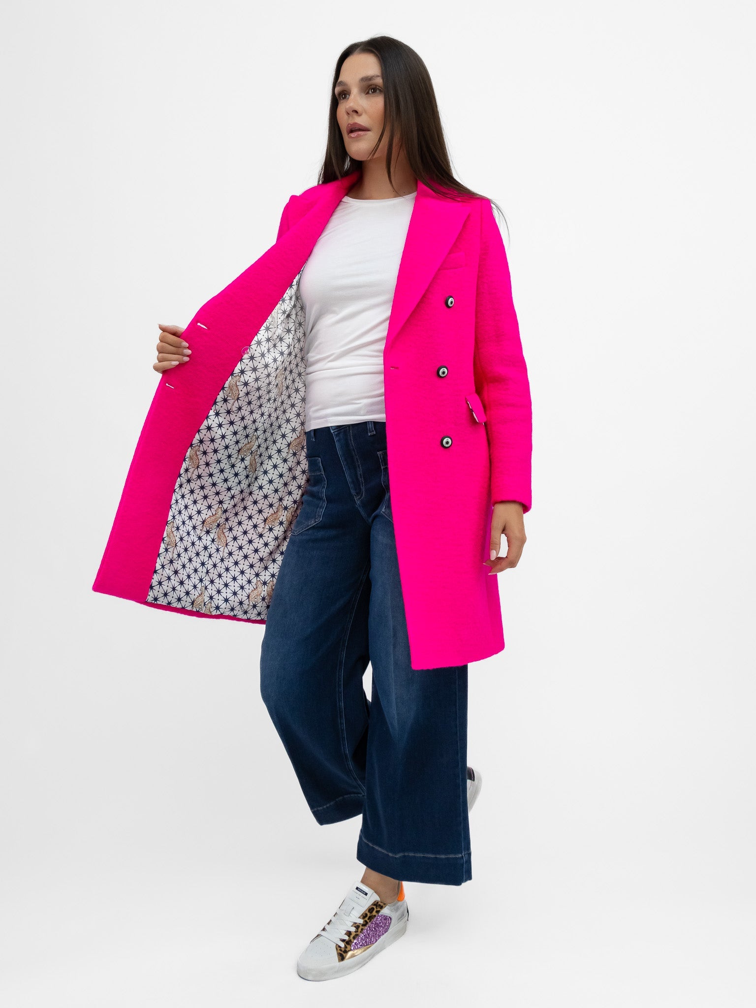 Vilagallo Coat Neon Wool Coat in Fuchsia