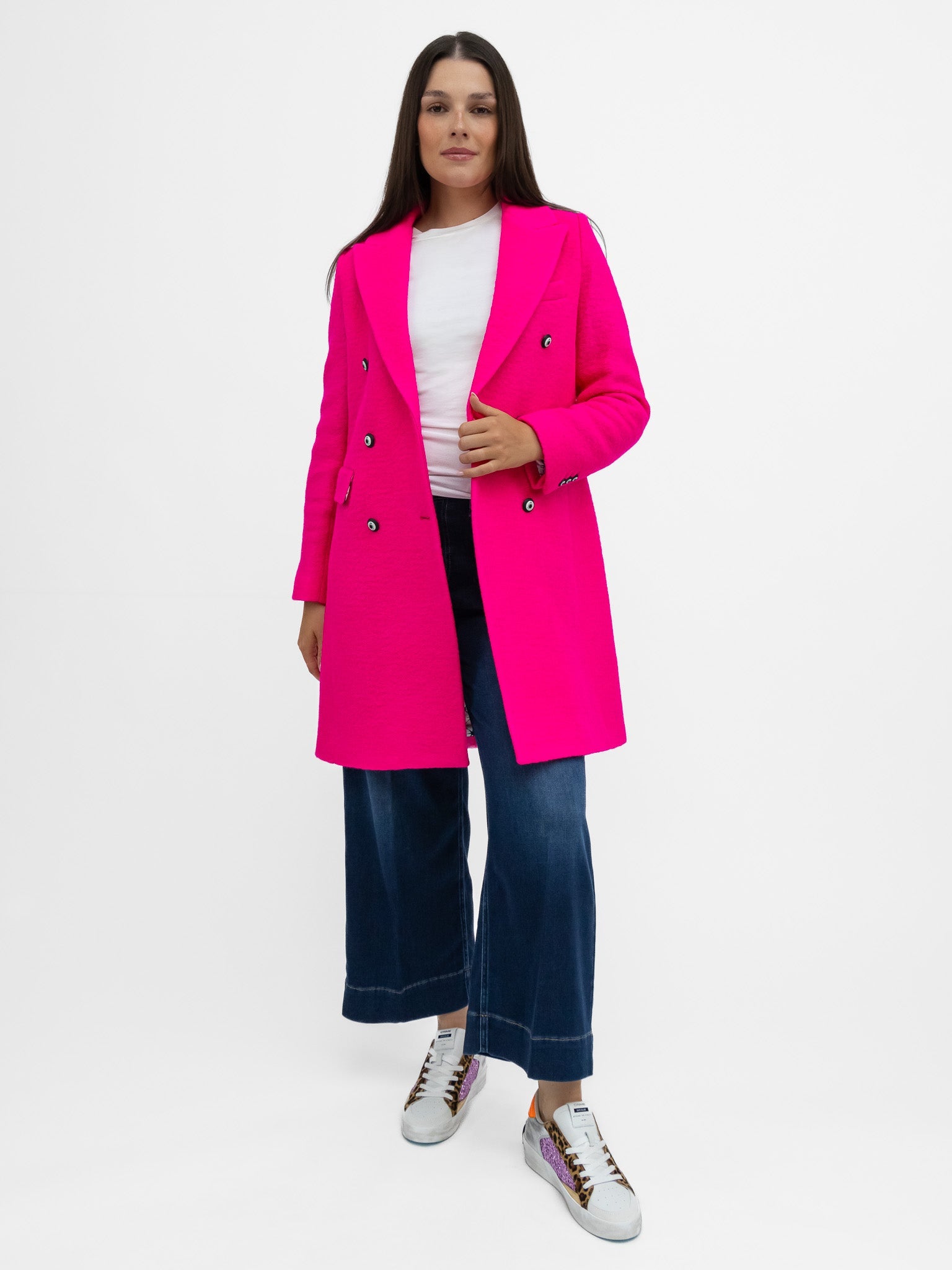 Vilagallo Coat Neon Wool Coat in Fuchsia