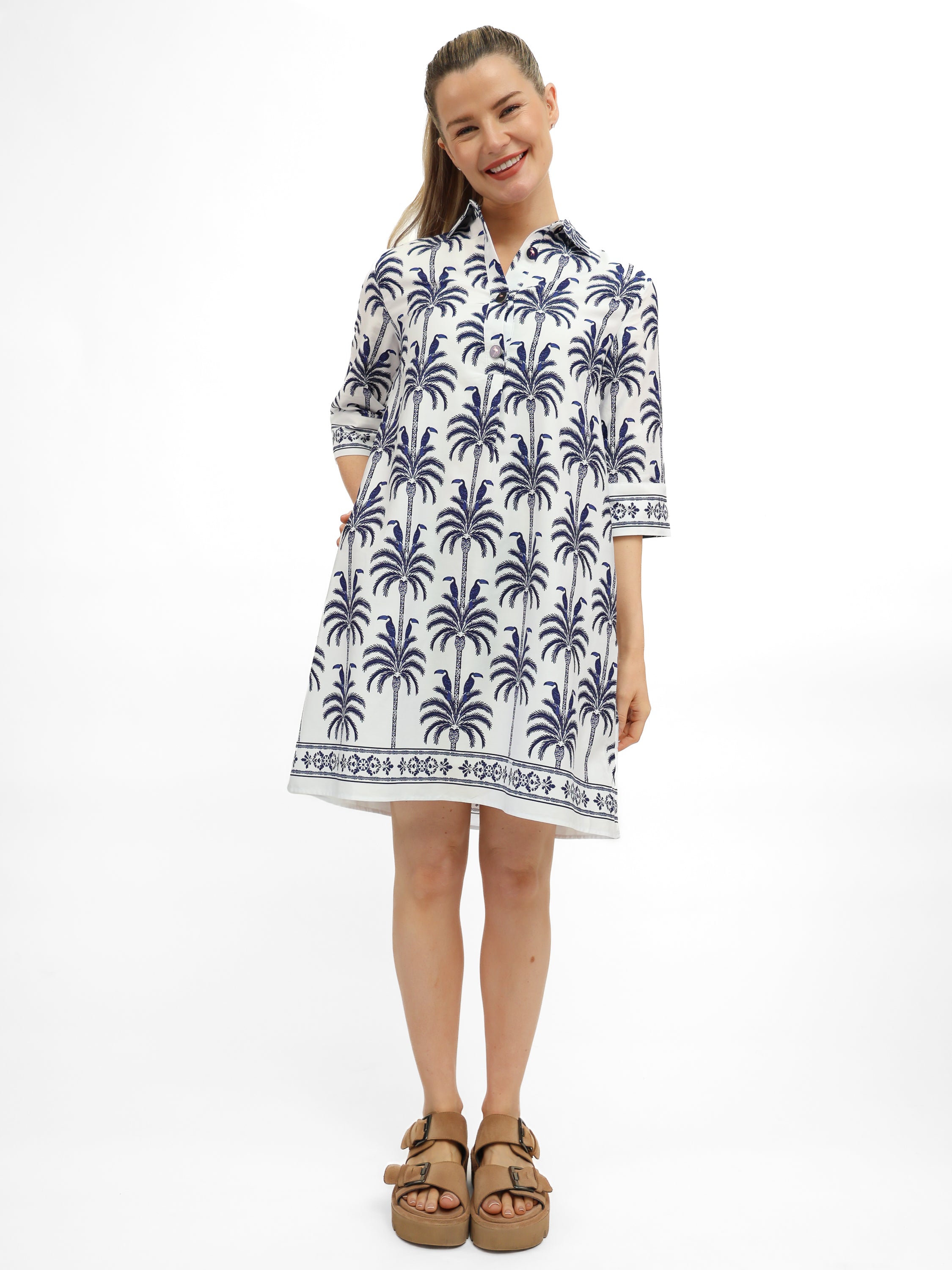 Vilagallo Dress White Toucan & Palm Tree Dress