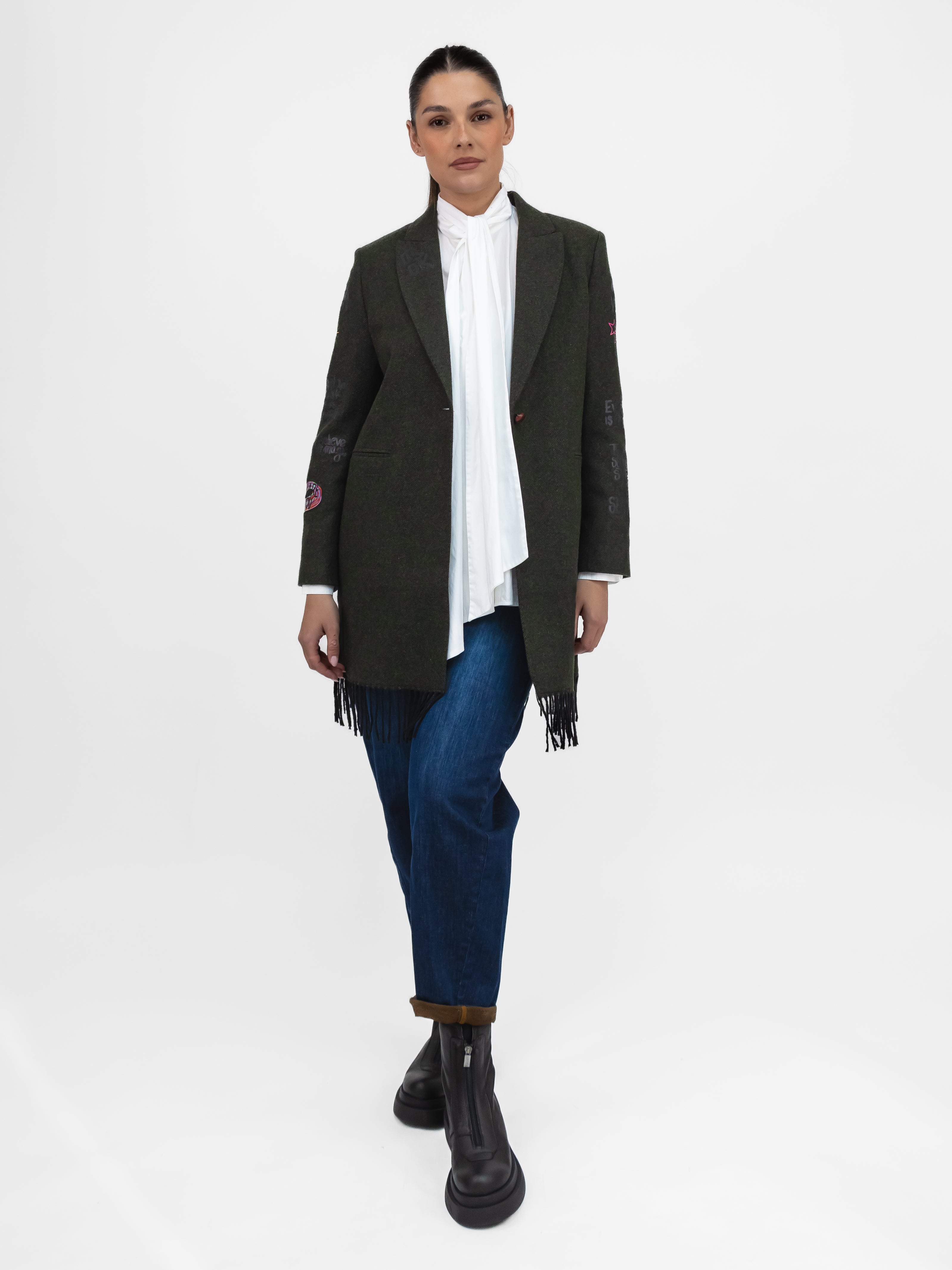 Vilagallo Jacket Amalia Graffiti Green Longline Blazer with Fringe