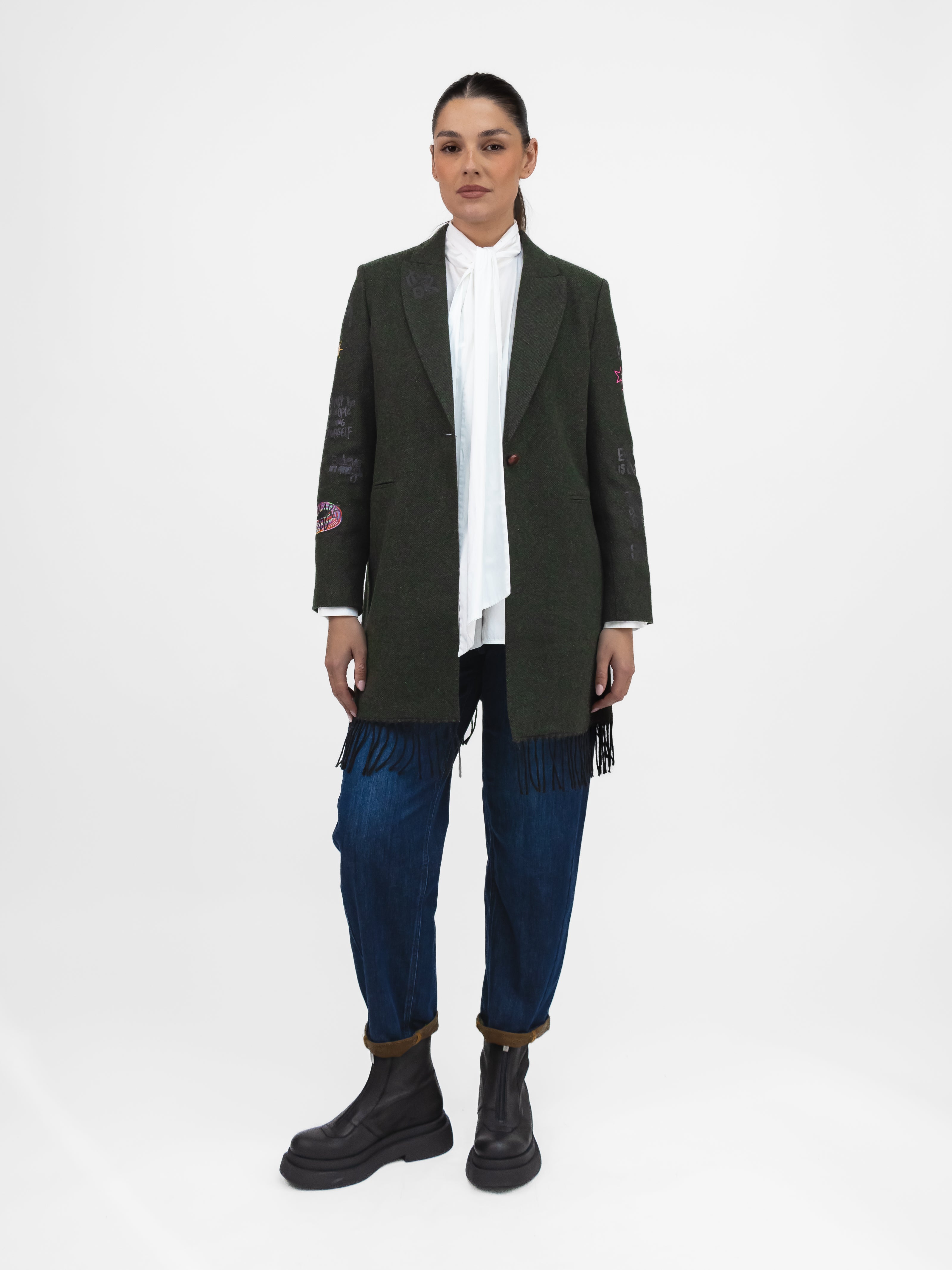 Vilagallo Jacket Amalia Graffiti Green Longline Blazer with Fringe
