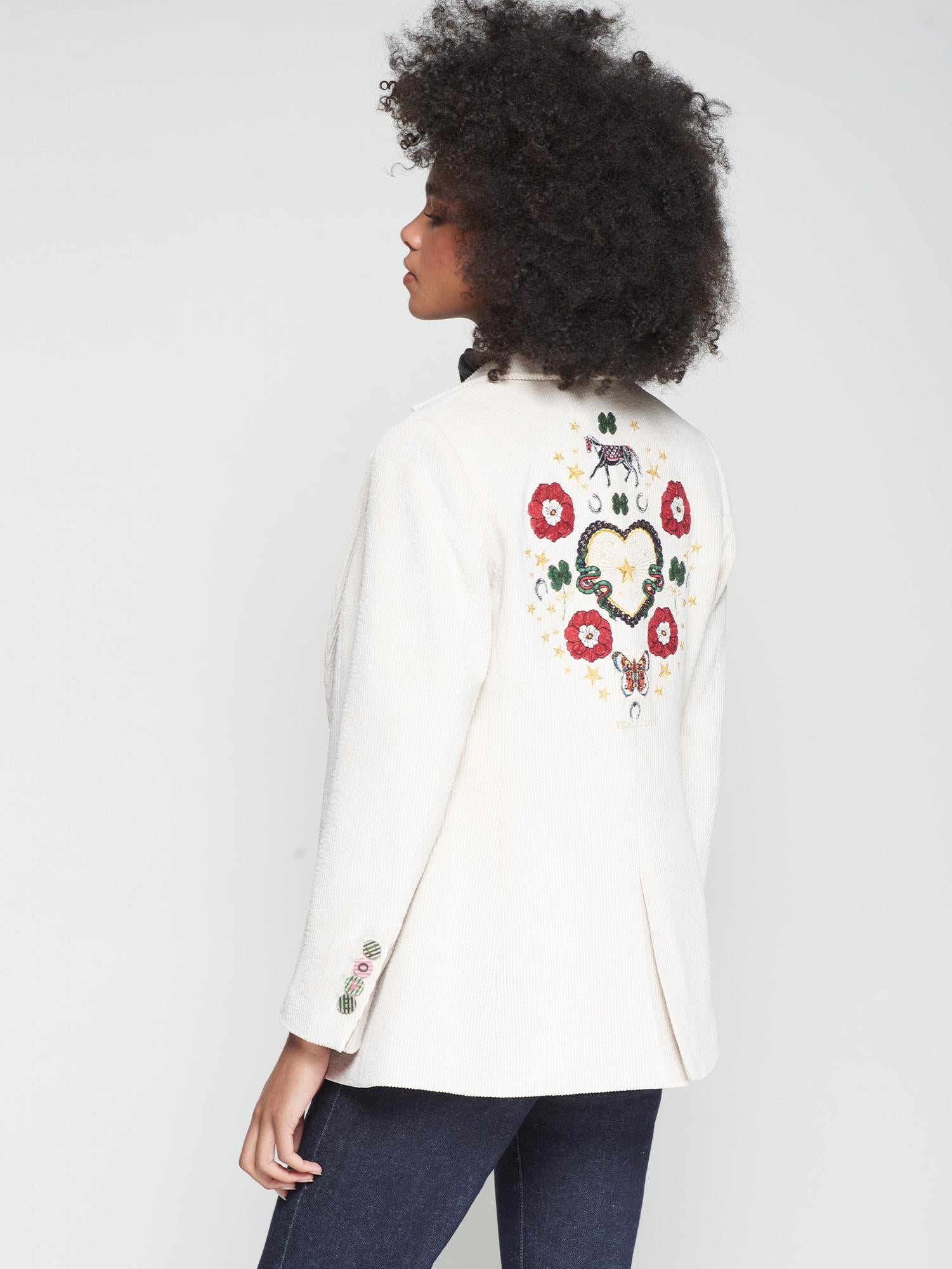 Vilagallo Jacket Corduroy Jacket with Equestrian Embroidery in Ecru