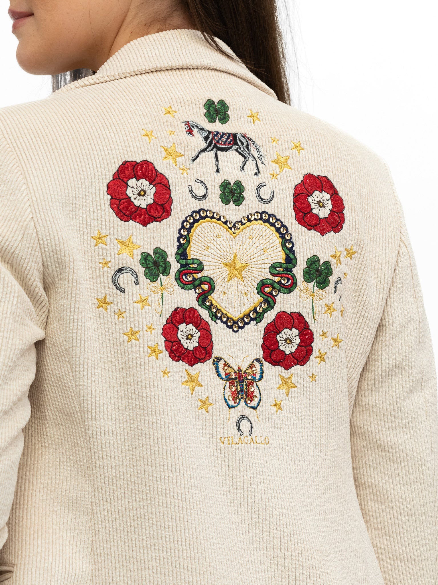 Vilagallo Jacket Corduroy Jacket with Equestrian Embroidery in Ecru