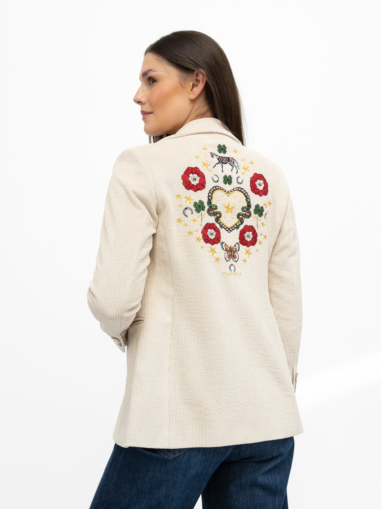 Vilagallo Jacket Corduroy Jacket with Equestrian Embroidery in Ecru