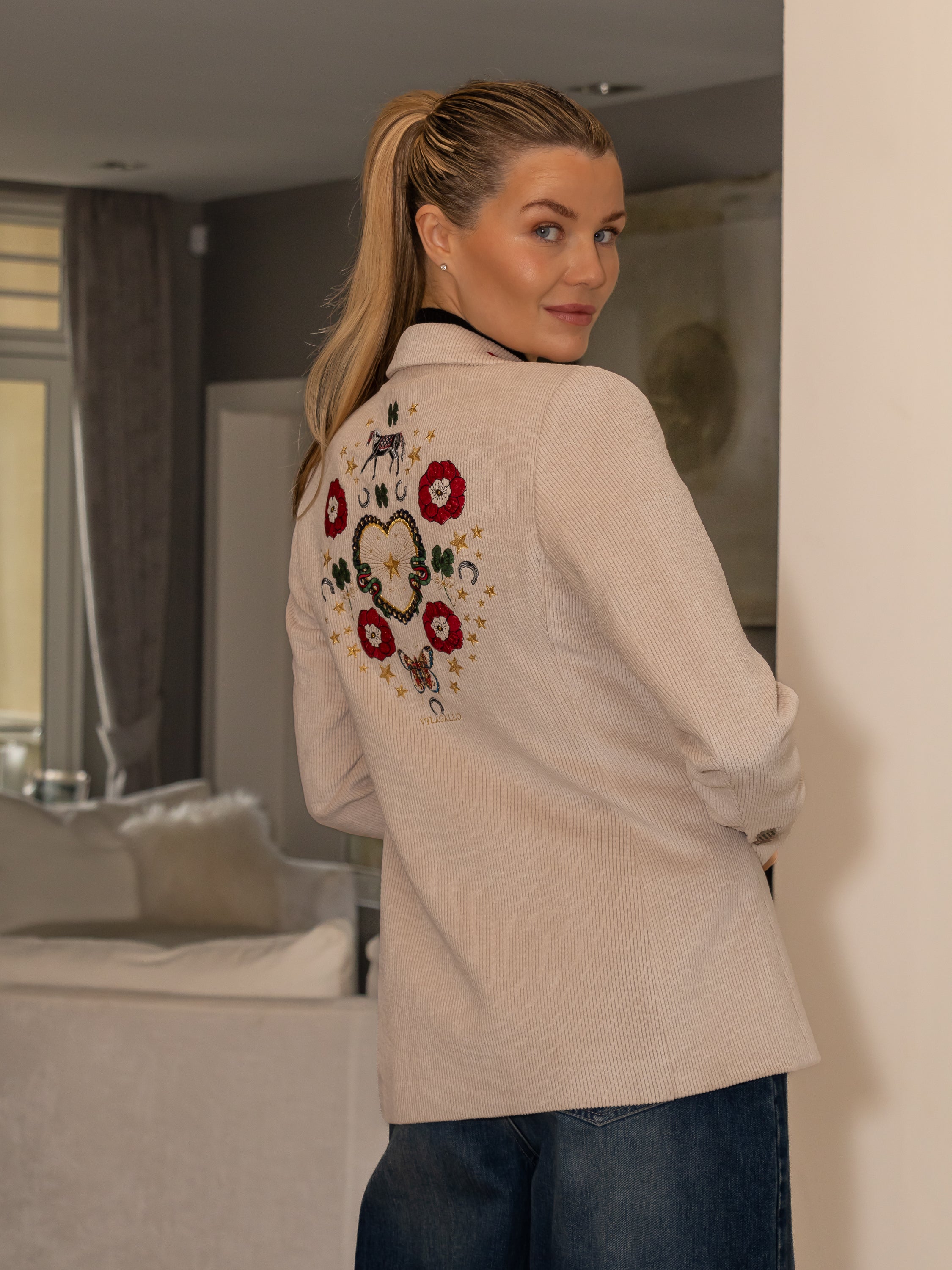 Vilagallo Jacket Corduroy Jacket with Equestrian Embroidery in Ecru