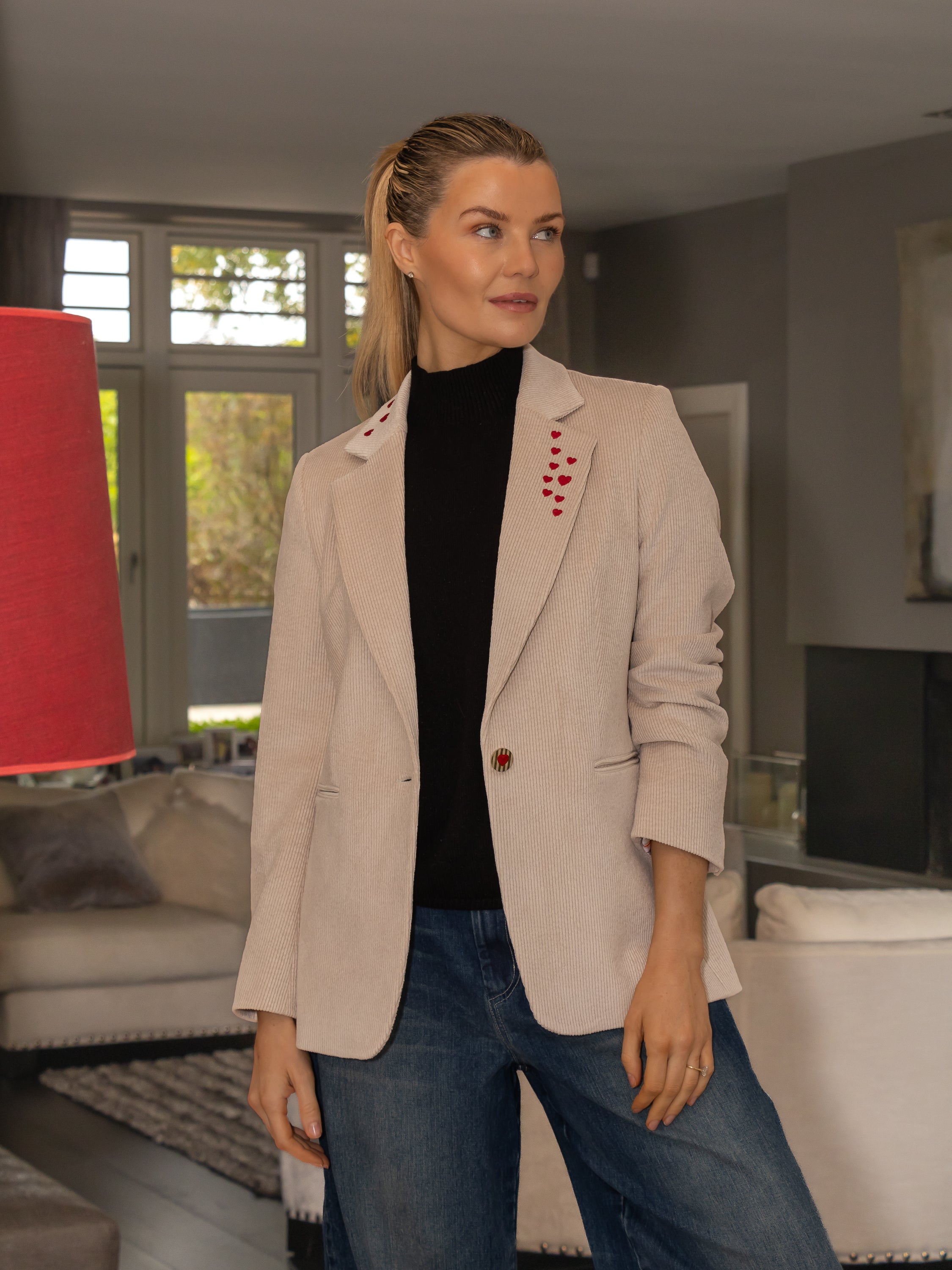 Vilagallo Jacket Corduroy Jacket with Equestrian Embroidery in Ecru