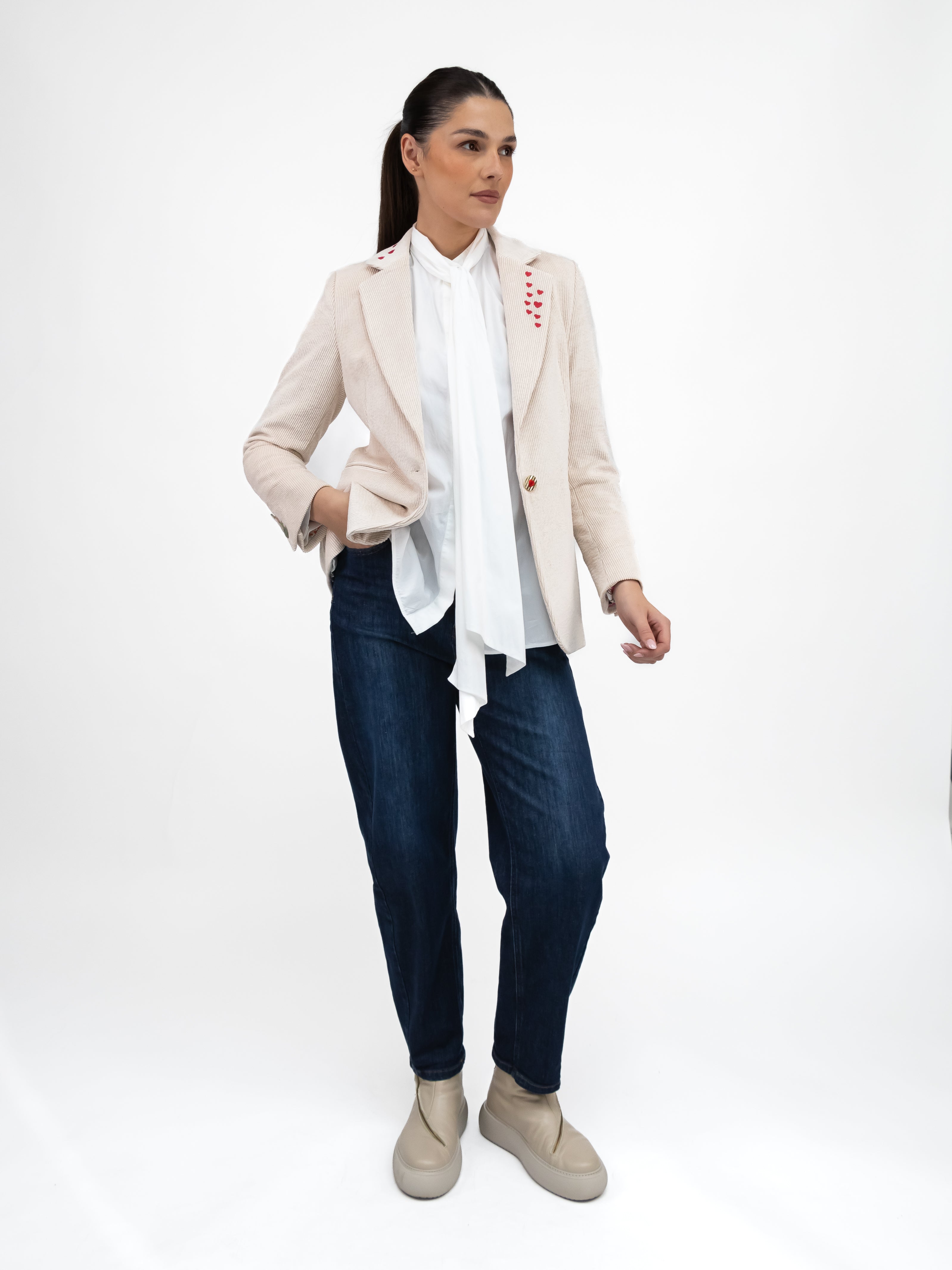 Vilagallo Jacket Corduroy Jacket with Equestrian Embroidery in Ecru